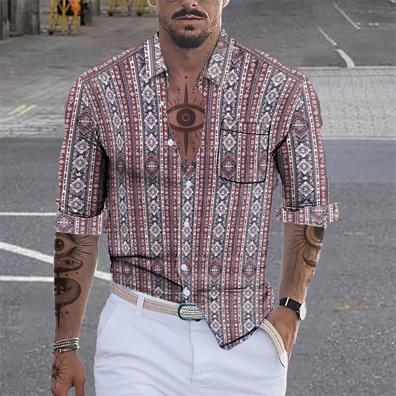Mens Button Down Long Sleeve Shirt Ethnic 2025 Summer Hawaiian Beach Casual Vintage Cool Novelty Lightweight Shirt - Image 2