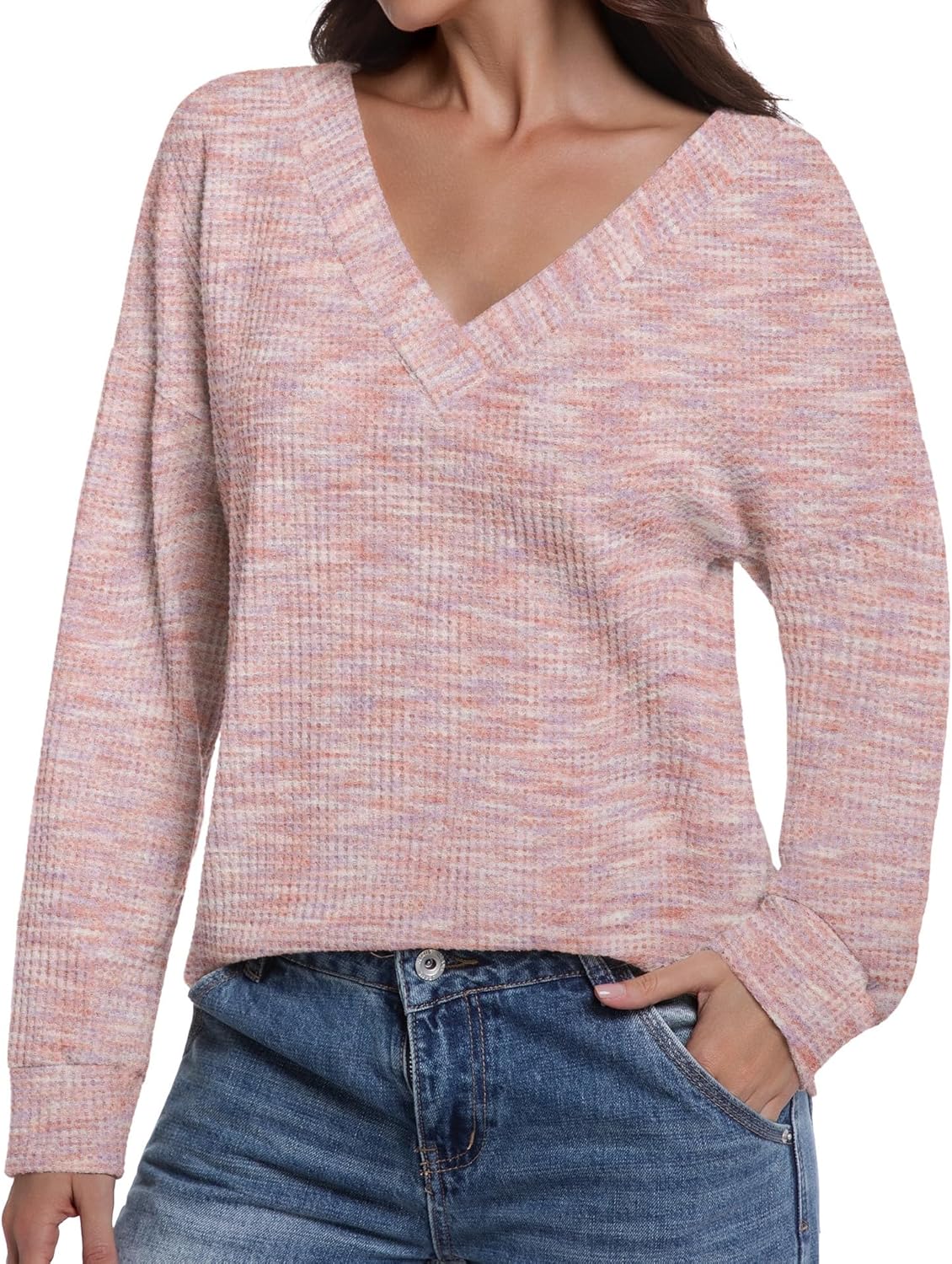 Women's Waffle Knit Tops Fall Loose Long Sleeve V Neck Shirts Dressy Casual Blouse - Image 2