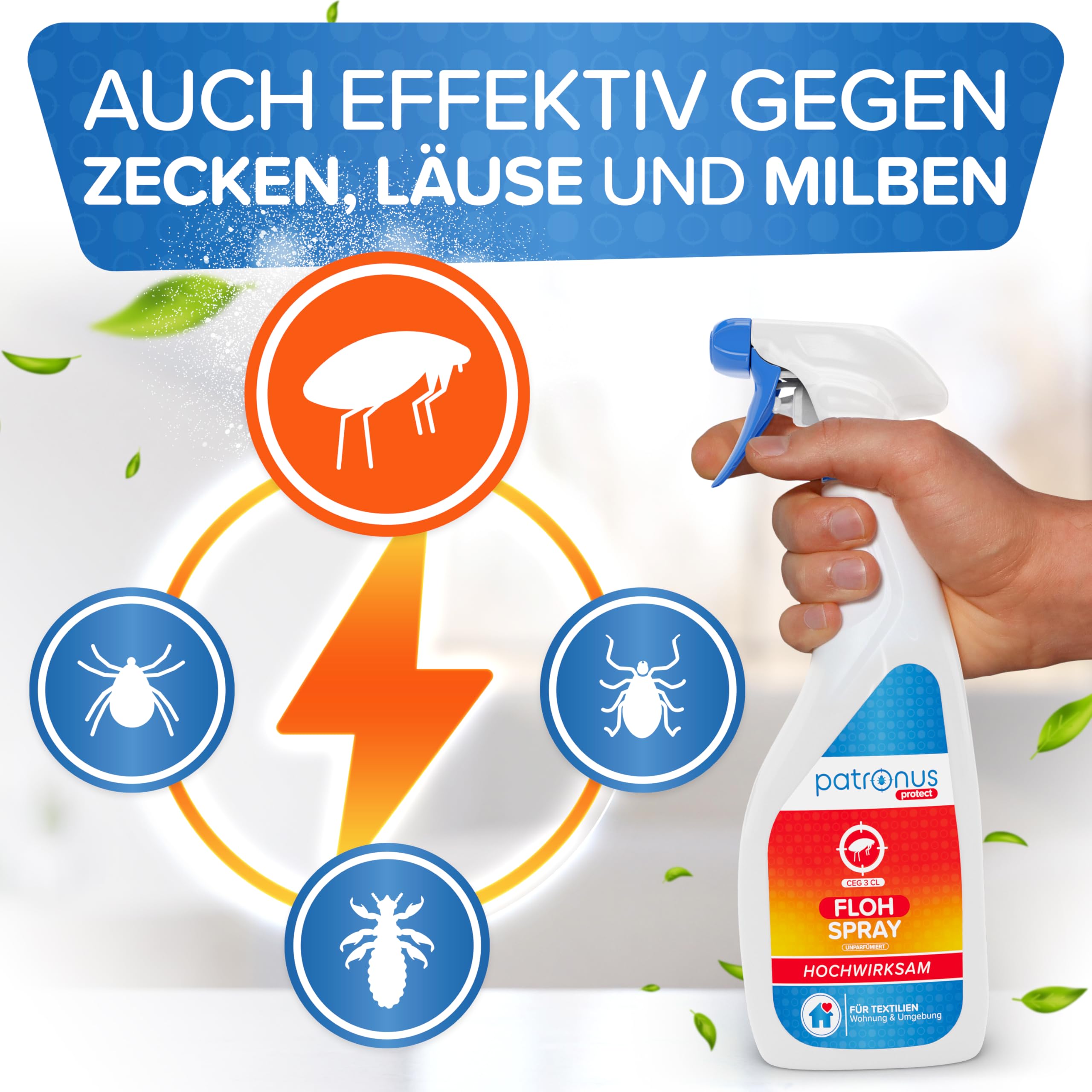 Patronus Floh Spray für Wohnungen & Umgebung 500ml - Repellent-Mittel für Flöhe mit Sofortschutz - unparfümiert