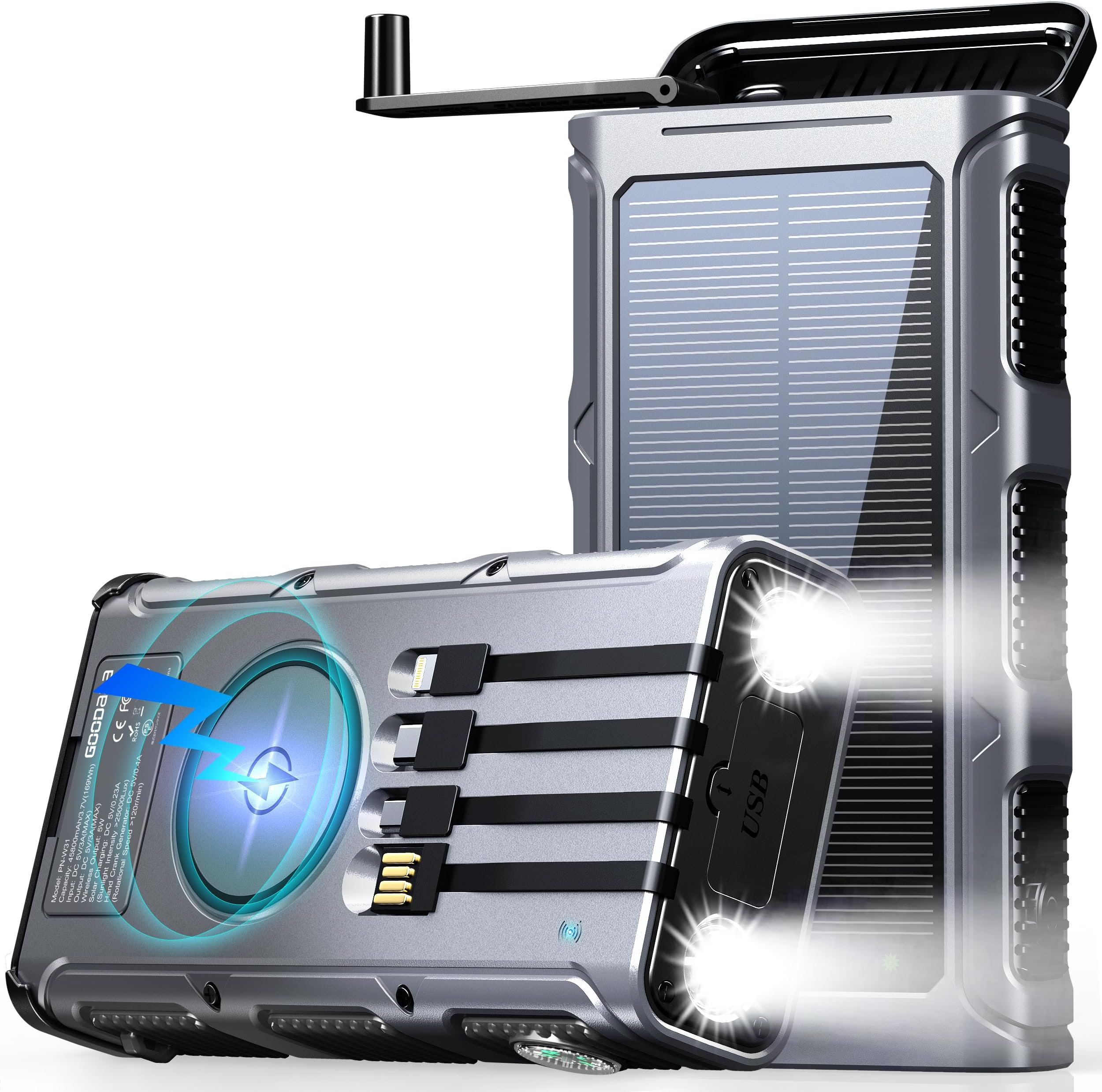 GOODaaa Power Bank Wireless Charger 45800mAh Built in Hand Crank and 4 Cables 15W Fast Charging Power Bank 7 Outputs & 4 Inputs Solar Portable Charger, SOS/Strobe/Strong Flashlights, CompassGlobal Recycled StandardGlobal Recycled StandardGlobal Recycled Standard