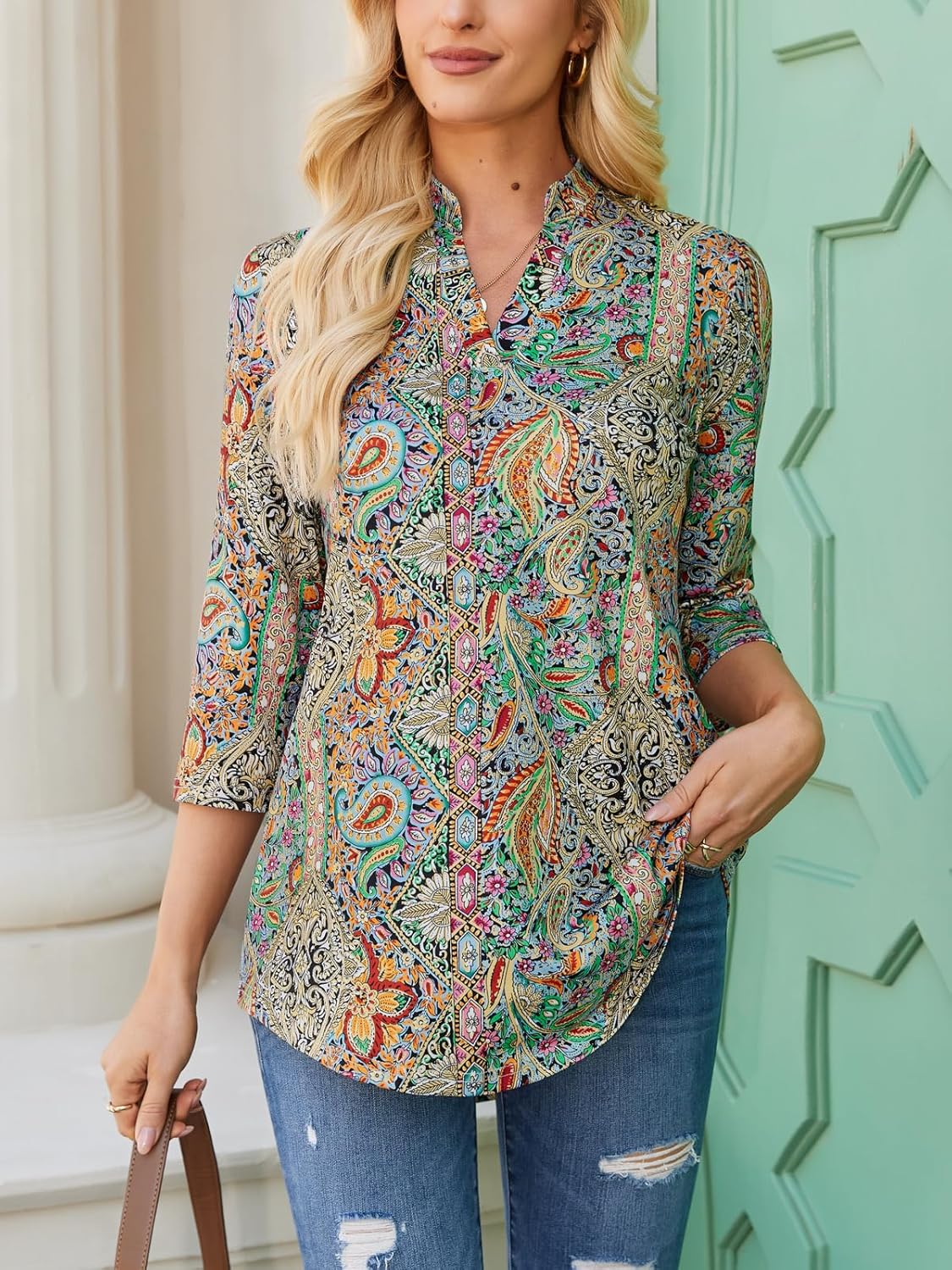 BAISHENGGT 3/4 Sleeve Tops for Women Notch V Neck Floral Work Blouses Dressy Casual Loose Fit Going Out Tunic Tops - Image 4