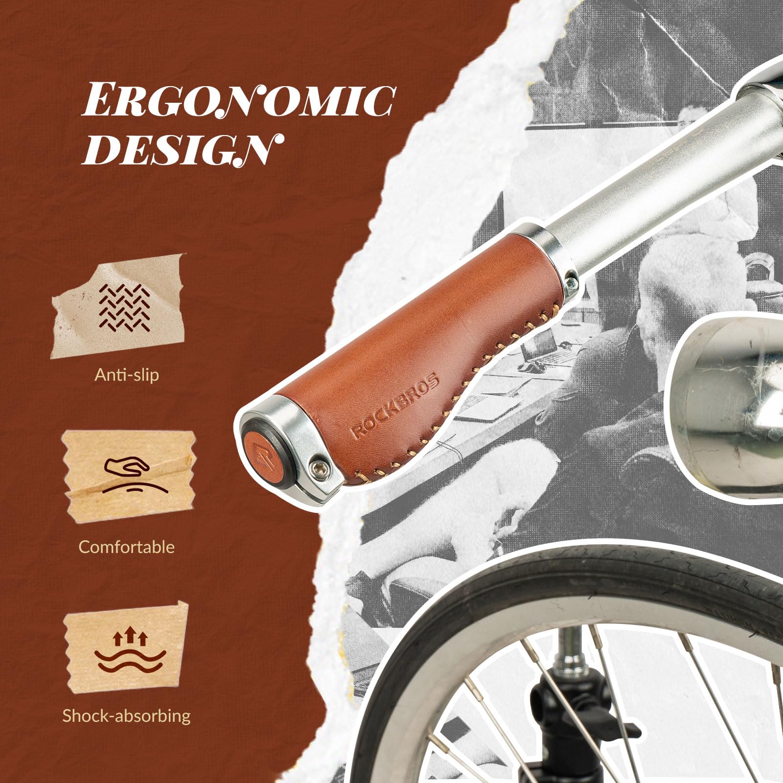 ROCKBROS Bicycle Grips MTB Retro Handlebar Grips Ergonomic Design Dual Lock-On Anti-slip for Mountain Road, Trekking, City - Image 2