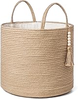 Mkono Jute Woven Storage Basket with Handles & Wooden Beads, 16"x13.8" Natural Rope Bin for Blankets Toys Clothes Plants Home Decor Organizer