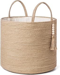Mkono Jute Woven Storage Basket with Handles & Wooden Beads, 16"x13.8" Natural Rope Bin for Blankets Toys Clothes Plants Home Decor Organizer