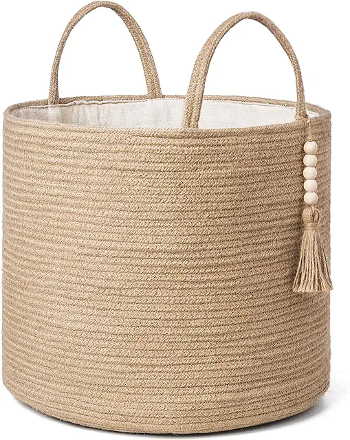 Mkono Jute Storage Basket with Wooden Beads - Natural Rope Organizer Bin