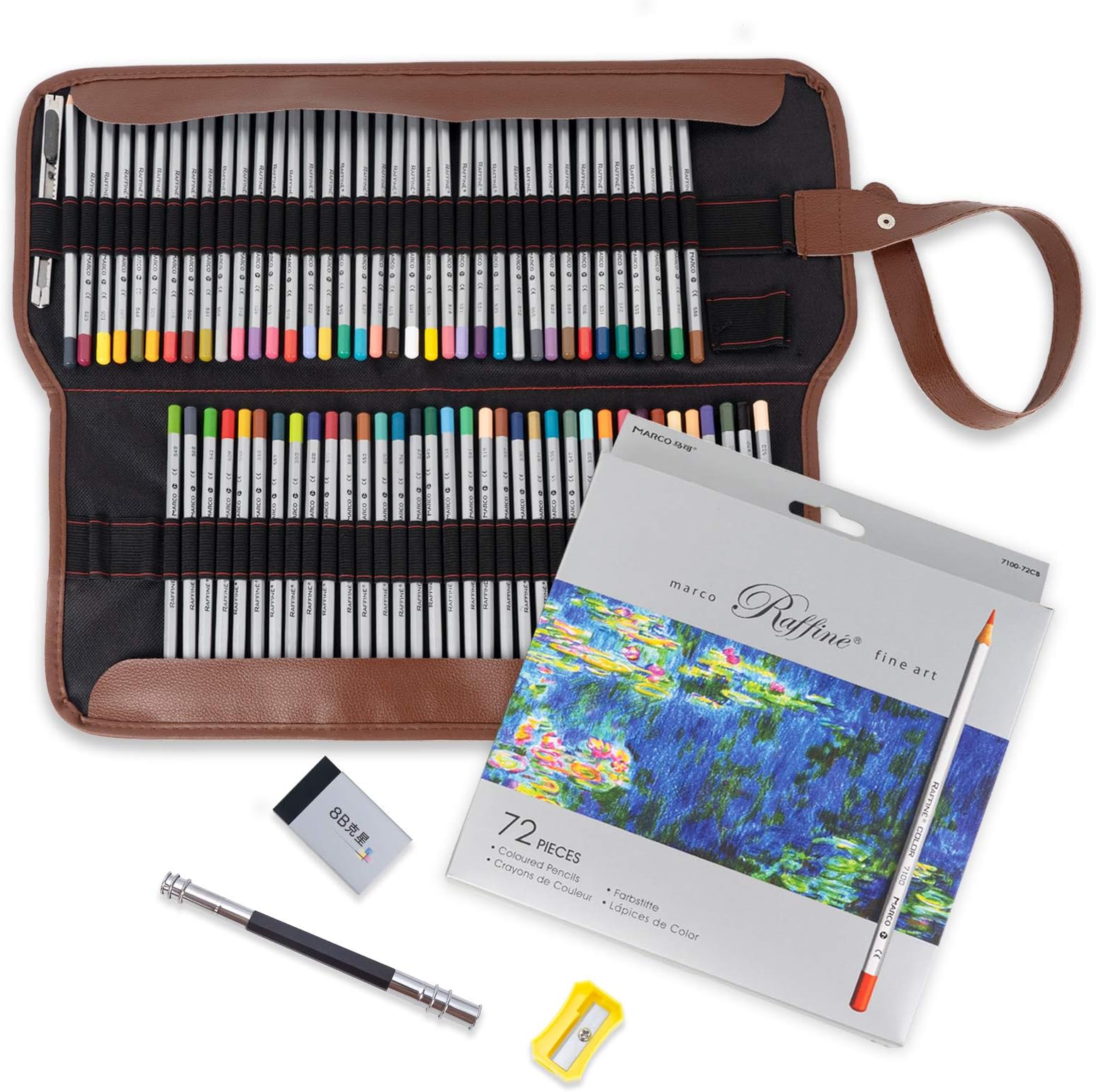 Marco Raffine Art Coloured Pencils - 72 Colours Professional Drawing Pencils with Roll UP Canvas Pouch Package for Adult Coloring Books Drawing Writing Sketching and Doodling Designs.