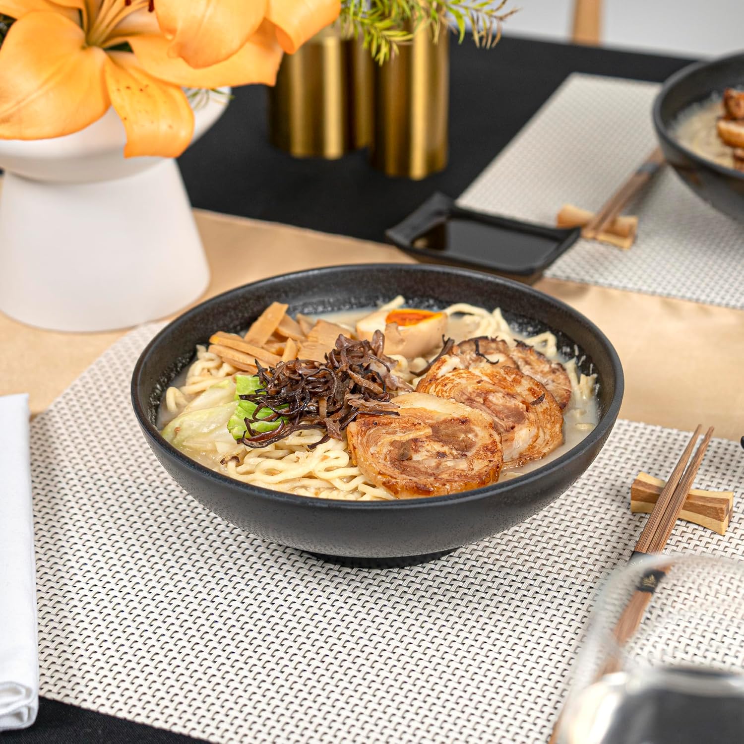 Restaurantware-Voga 27 Ounce Soup Bowls, 2 Large Pho Bowls - Faux Stone, Serve Noodles, Salads, Or Pastas, Black Melamine Ramen Bowl, Shatterproof, Dishwashable, Asian Style image 4