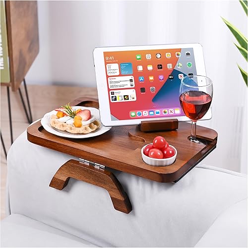 Miniatura 8 de Amazingwood Bandeja de brazo para sofá, mesa de bambú con soporte para copa de vino, bandeja plegable para reposabrazos con clip en sofás anchos