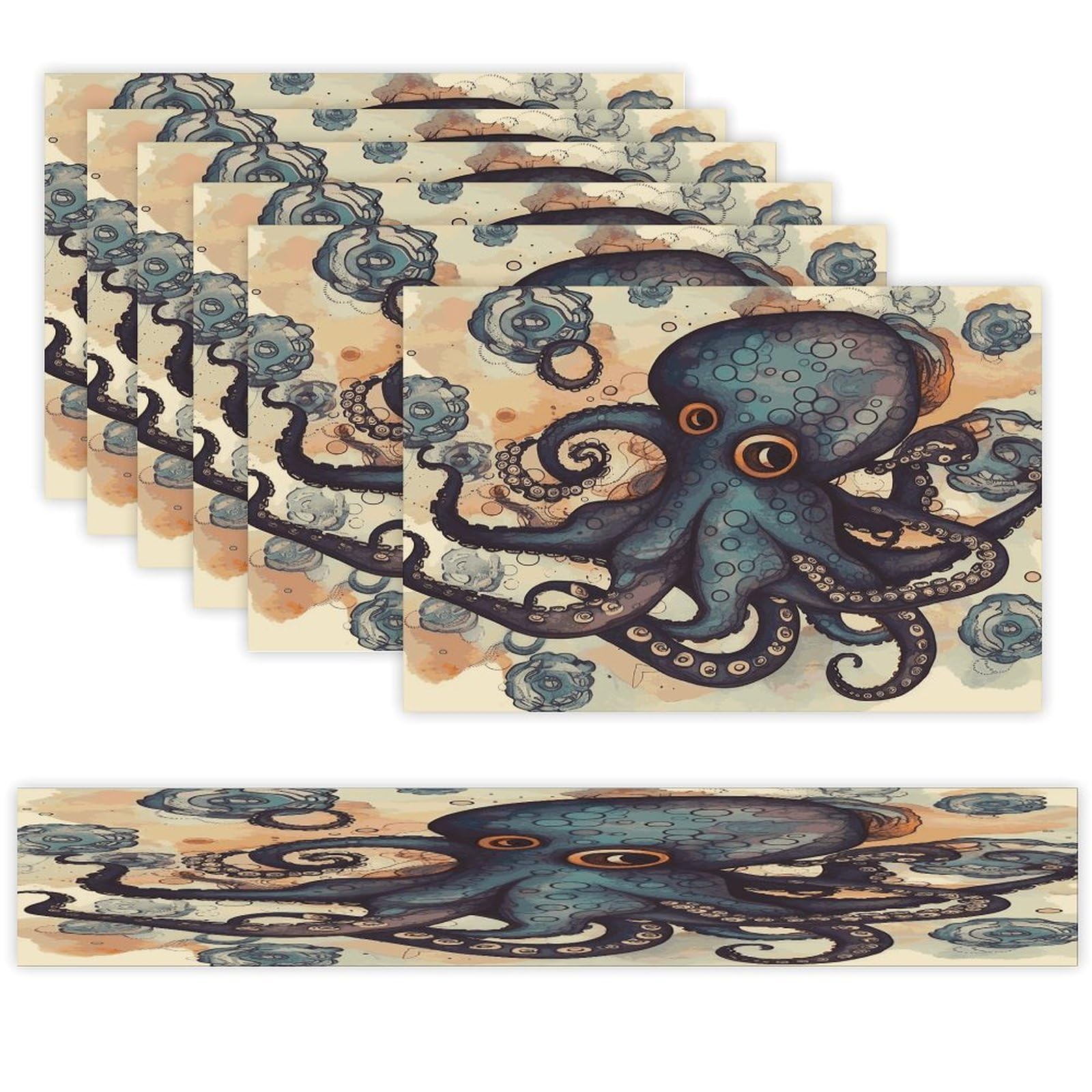 Retro Octopus Table Runner and Placemats Set of 6 for Kitchen Washable Table Mats Heat Resistant Place Mats Non-Slip Place Mat Wipeable Placemat(6 Placemats+1 Table Runner)