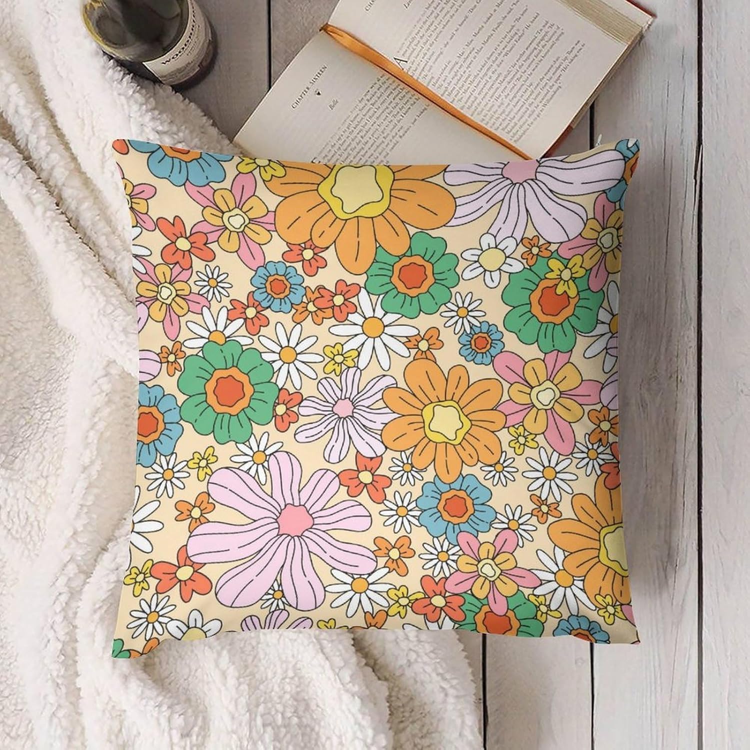 Retro Floral Throw Pillow Cover, 70s Orange Groovy Funky Hippie Cute Boho Flower Vintage Square Pillowcase Cushion Case for Home Sofa Couch Indoor Outdoor 20 "x20,Set of 2