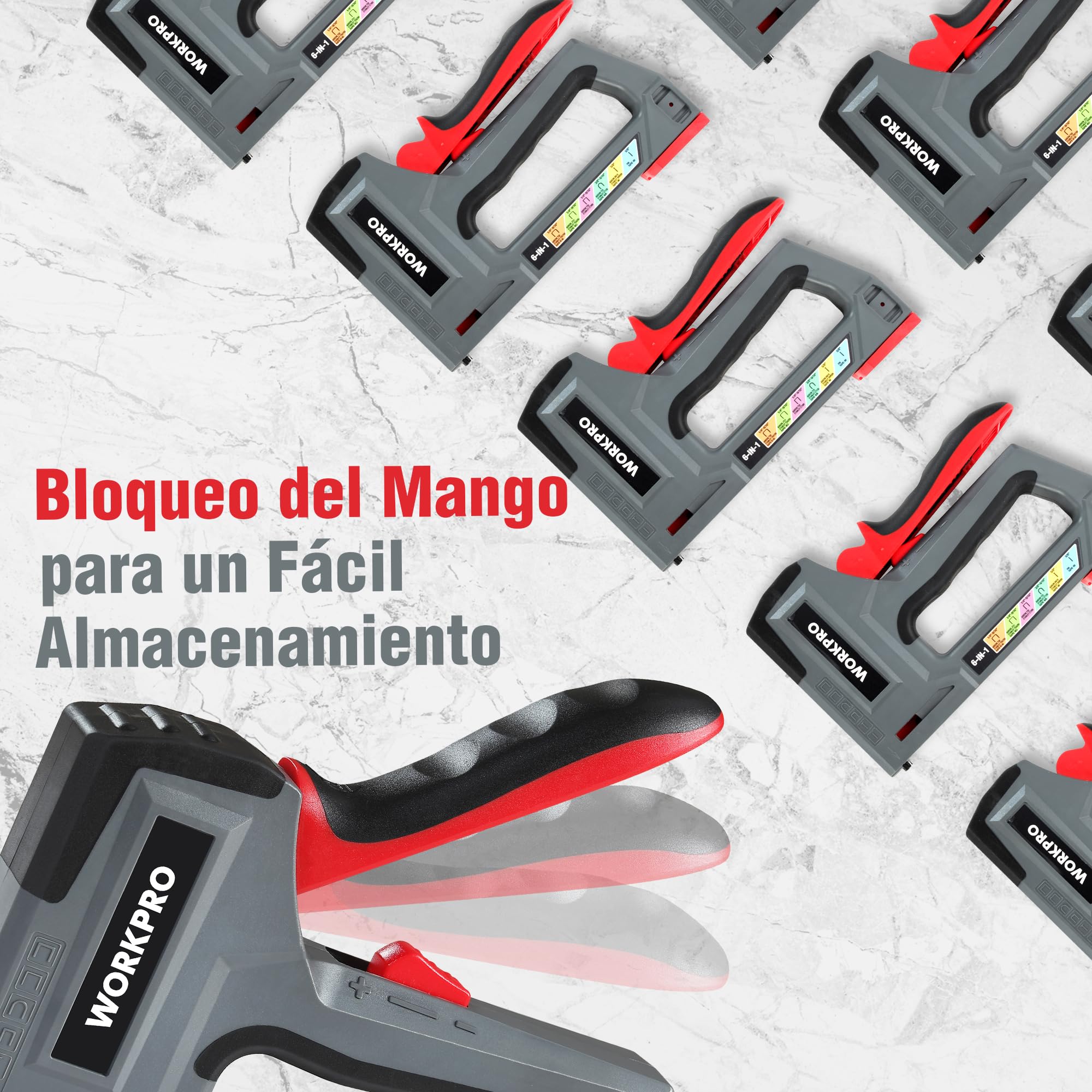 WORKPRO Grapadora y Clavadora Manual 6 en 1, Grapadora de Tapicería, Ideal para Fijación, Decoración, Carpintería, Incluye 4000 Grapas/Clavos