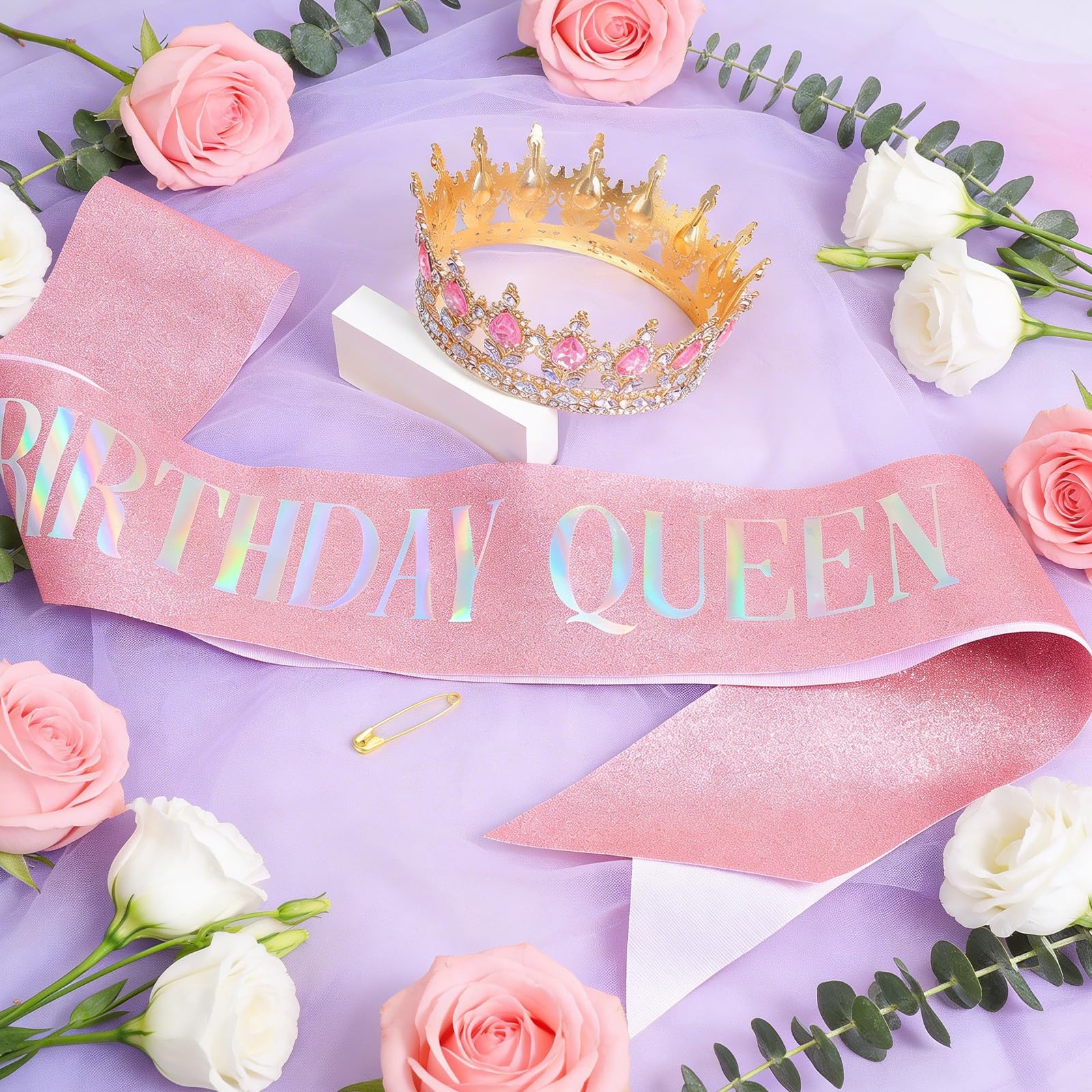 Korona urodzinowa i szarfa, korona urodzinowa dla kobiet, królowa urodzinowa, szarfa, stras, akcesoria Happy Birthday, akcesoria dla dziewcząt, dekoracja urodzinowa