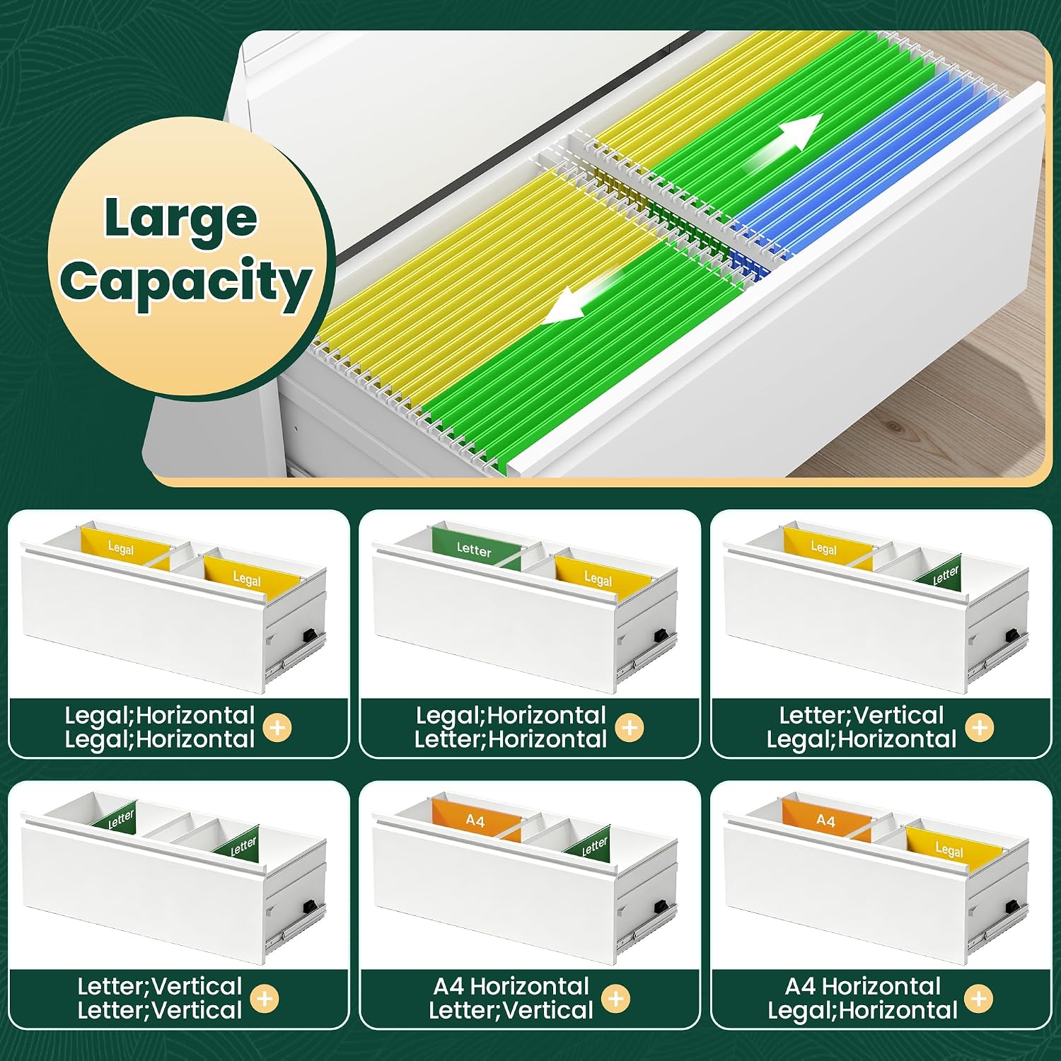 Illustration of the file cabinet drawers accommodating Legal, Letter, and A4 size hanging folders