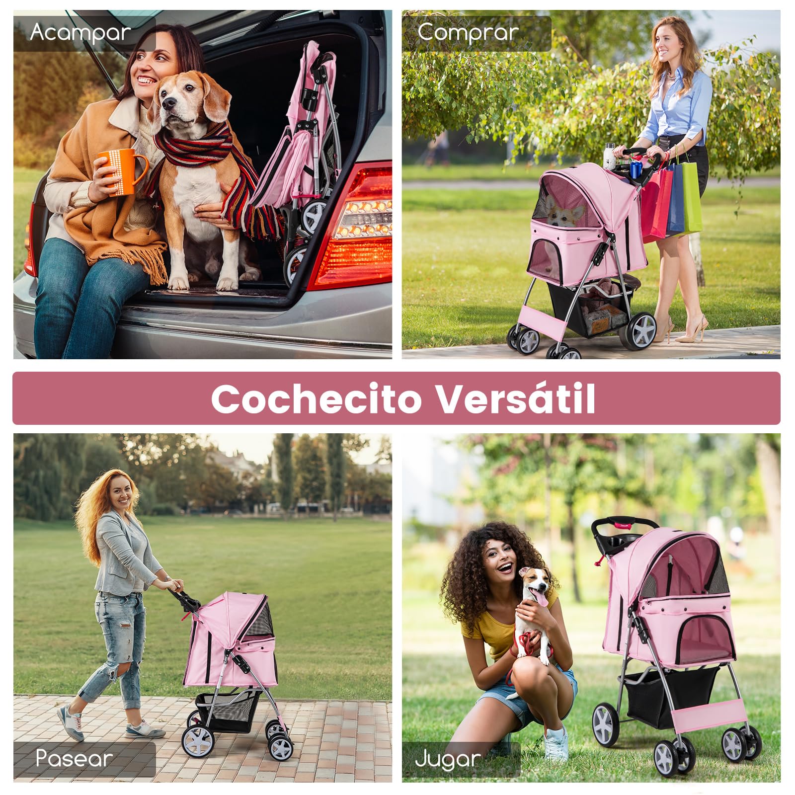 COSTWAY Cochecito para Mascotas Plegable, Cochecito de Mascotas de 4 Ruedas para Gatos/Perros, Carrito para Gatos con Cesta de Almacenamiento y Ventana de Malla impermeable (Rosado)