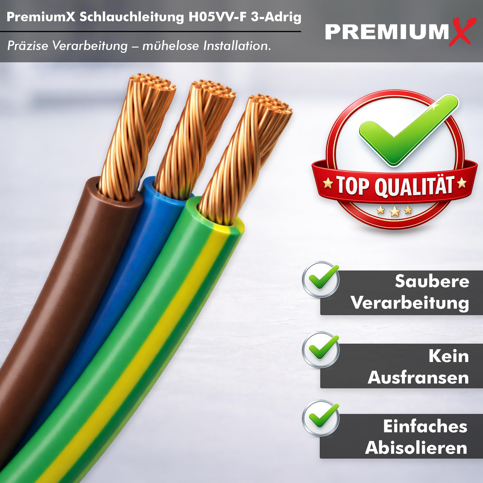 PremiumX Schlauchleitung H05VV-F 3x2,5 mm² - Flexible PVC Anschlussleitung für Elektroanschlüsse im Innenbereich - 20 Meter