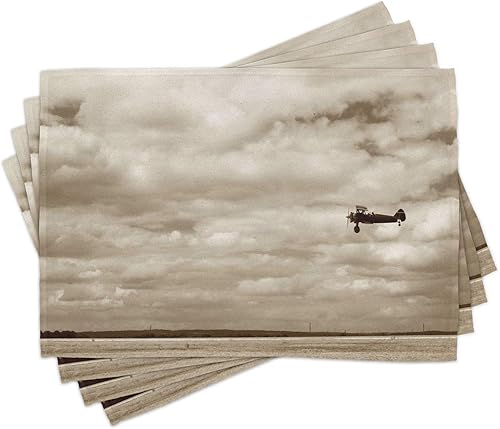 Ambesonne Juego de 4 manteles individuales vintage de avión, diseño de cielo nublado dramático, aviación, sobrevuelo, composición obsoleta, manteles
