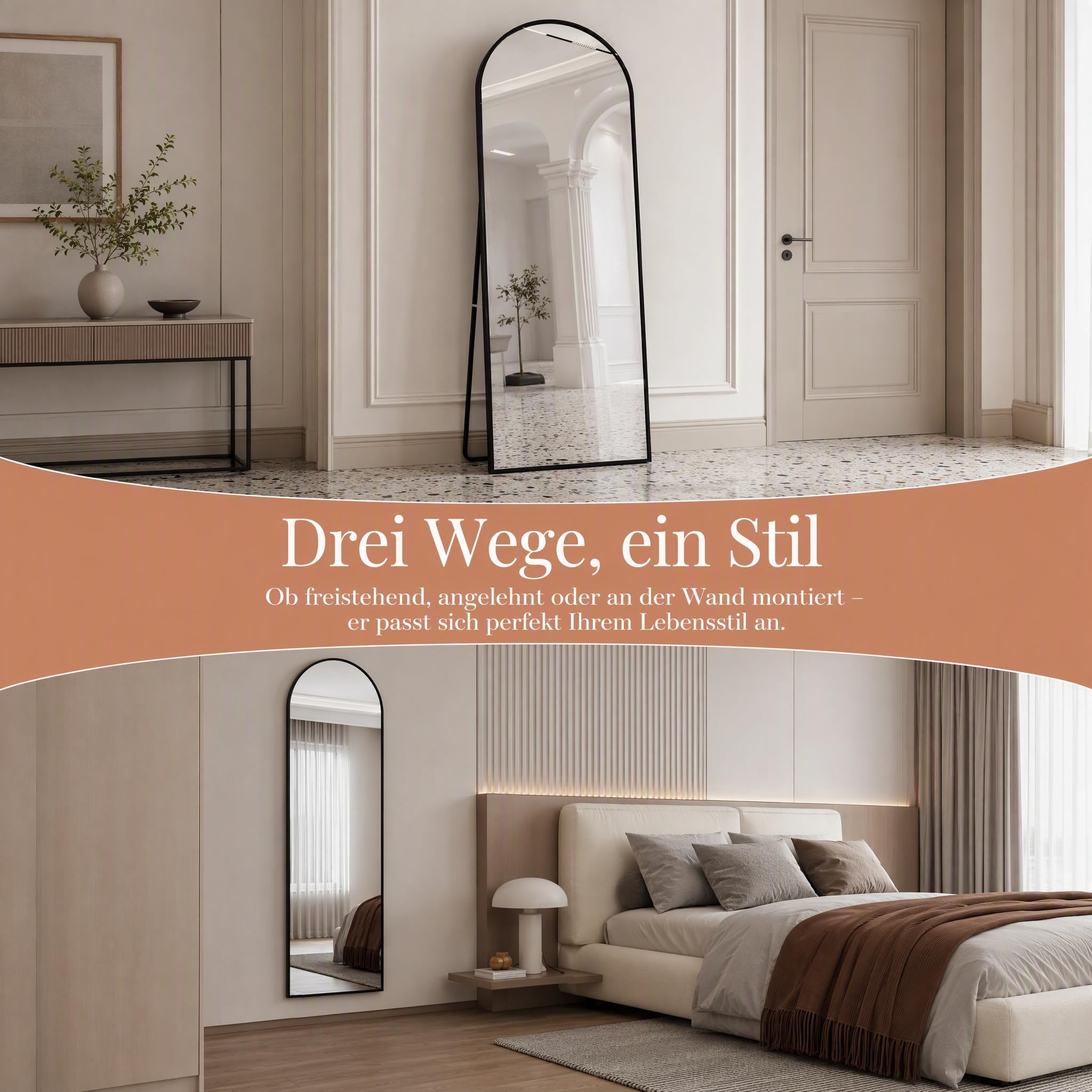 Espejo de Pie Cuerpo Entero180x80cm,Espejo de Suelo Arqueado Espejos Vestidor de Pared Full Length Mirror Espejo con Soporte Hanging Standing or Leaning Aluminum Alloy Frame Salón (Negro, 180x80cm)
