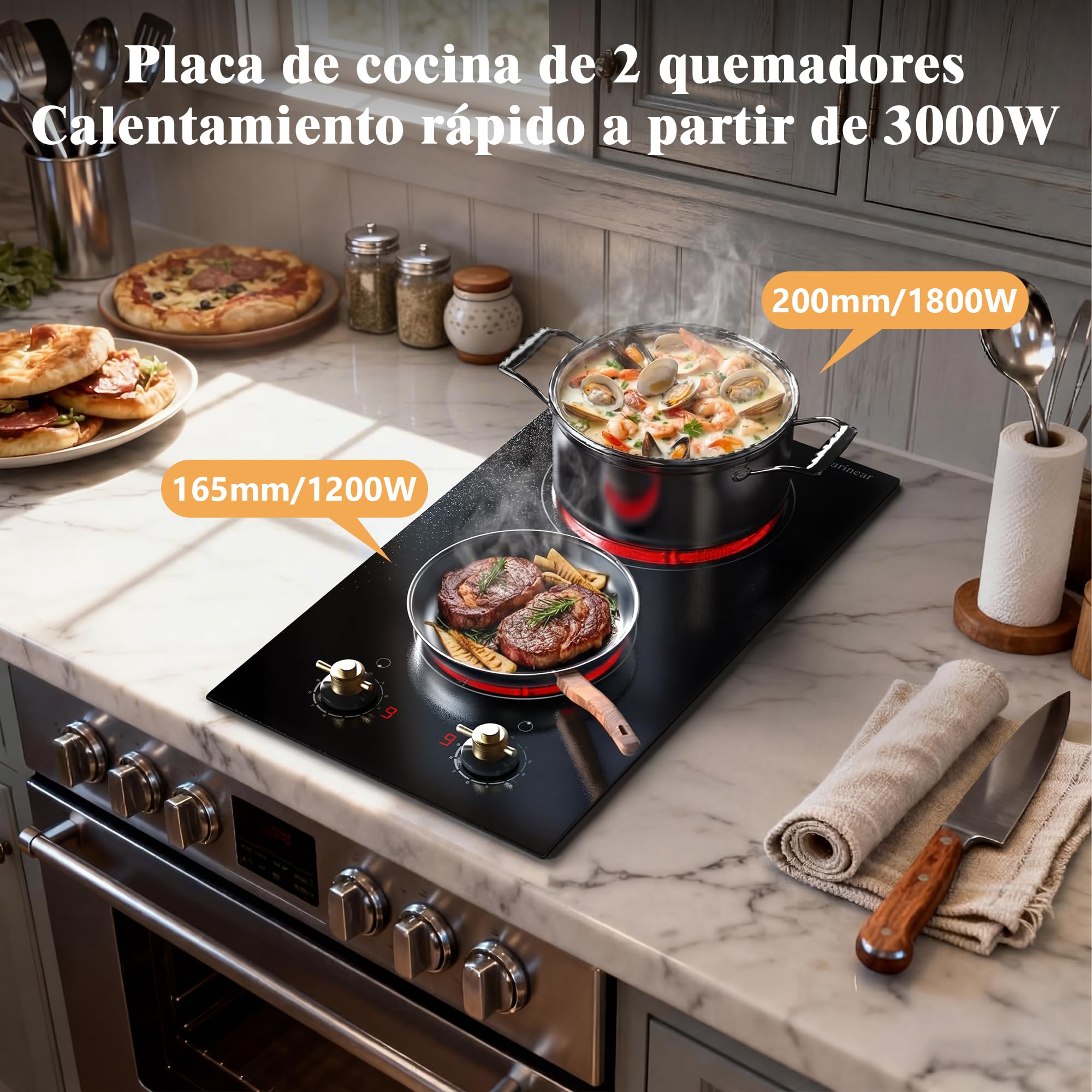 Karinear Placa Vitrocerámica de 2 Fuegos con Enchufe, Vitroceramica con Doble Mando Giratorio, Placa Eléctrica Independiente, Empotrable o Móvil, 220-240 V, 30 CM, 3000 W