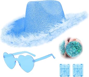 SHENYI Glitter Cowgirl Hat with Heart Sunglasses Body Glitter Face Glitter Cowboy Hat for Women Men Music Festival Party