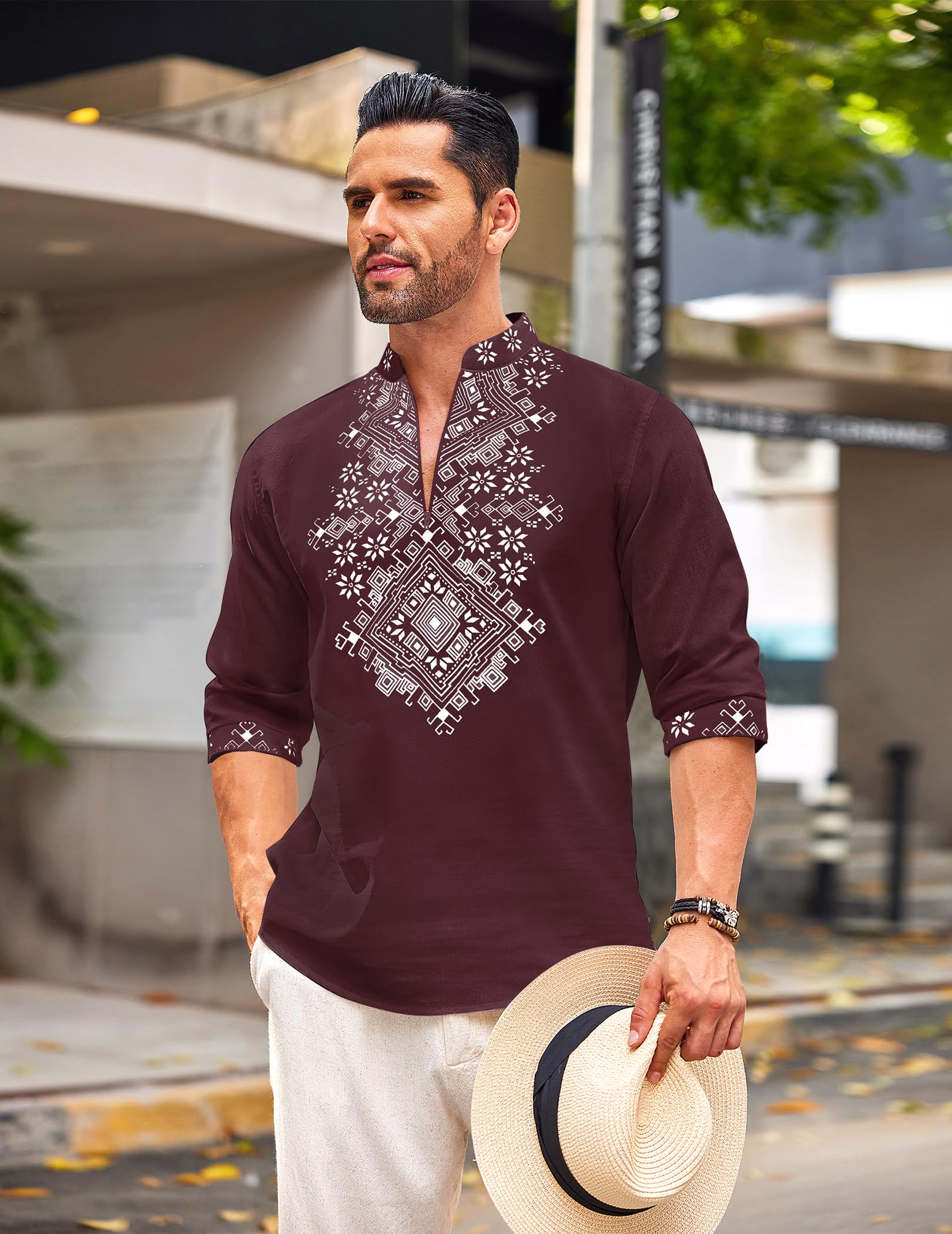COOFANDY Camicia da uomo Henley Vyshyvanka a maniche lunghe con stampa africana camicie casual zip up cotone lino spiaggia camicia hippie