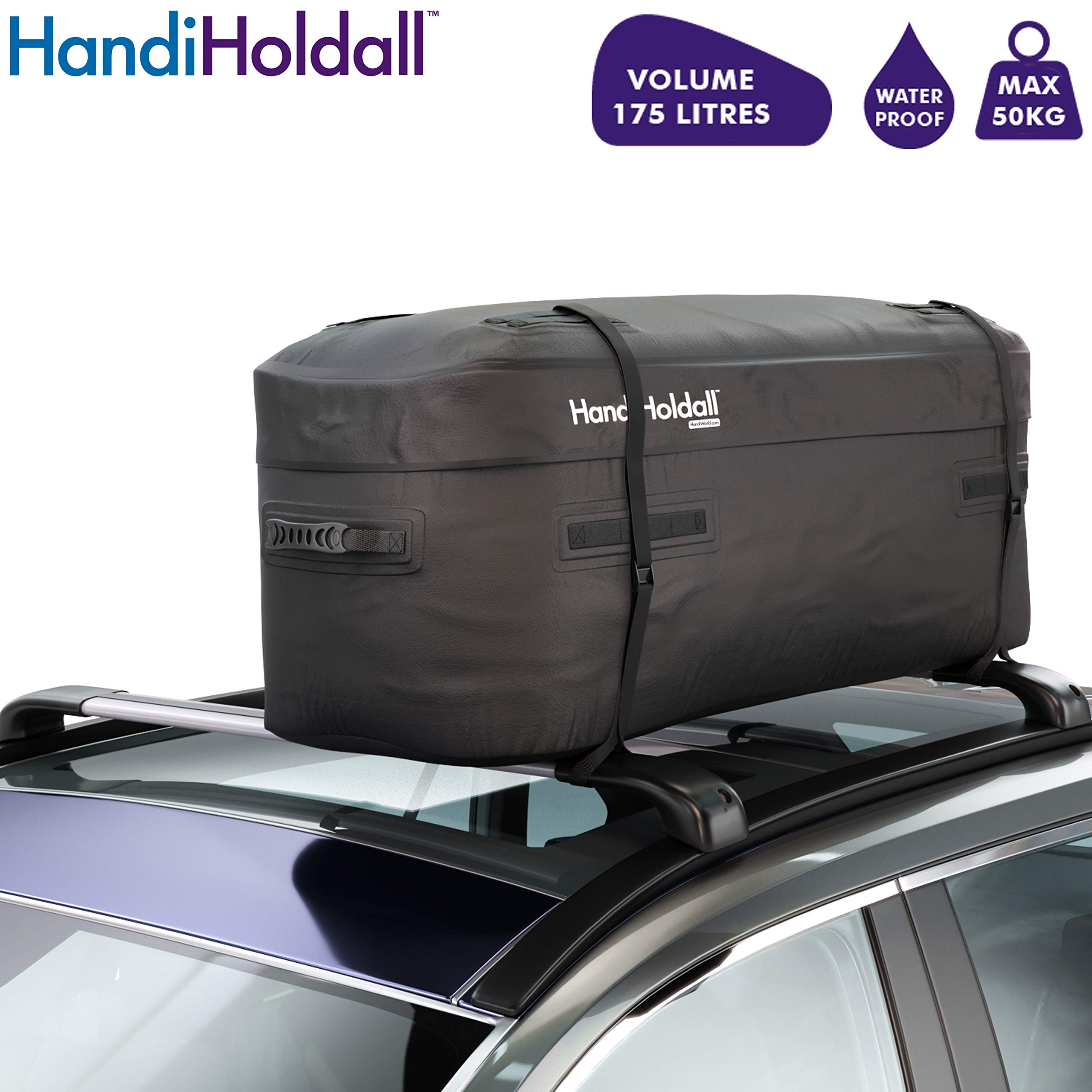 HandiHoldall 175L Waterproof Roof Bag/Top Box (Black) – Large Cargo  Carrier Solid Foldable Base