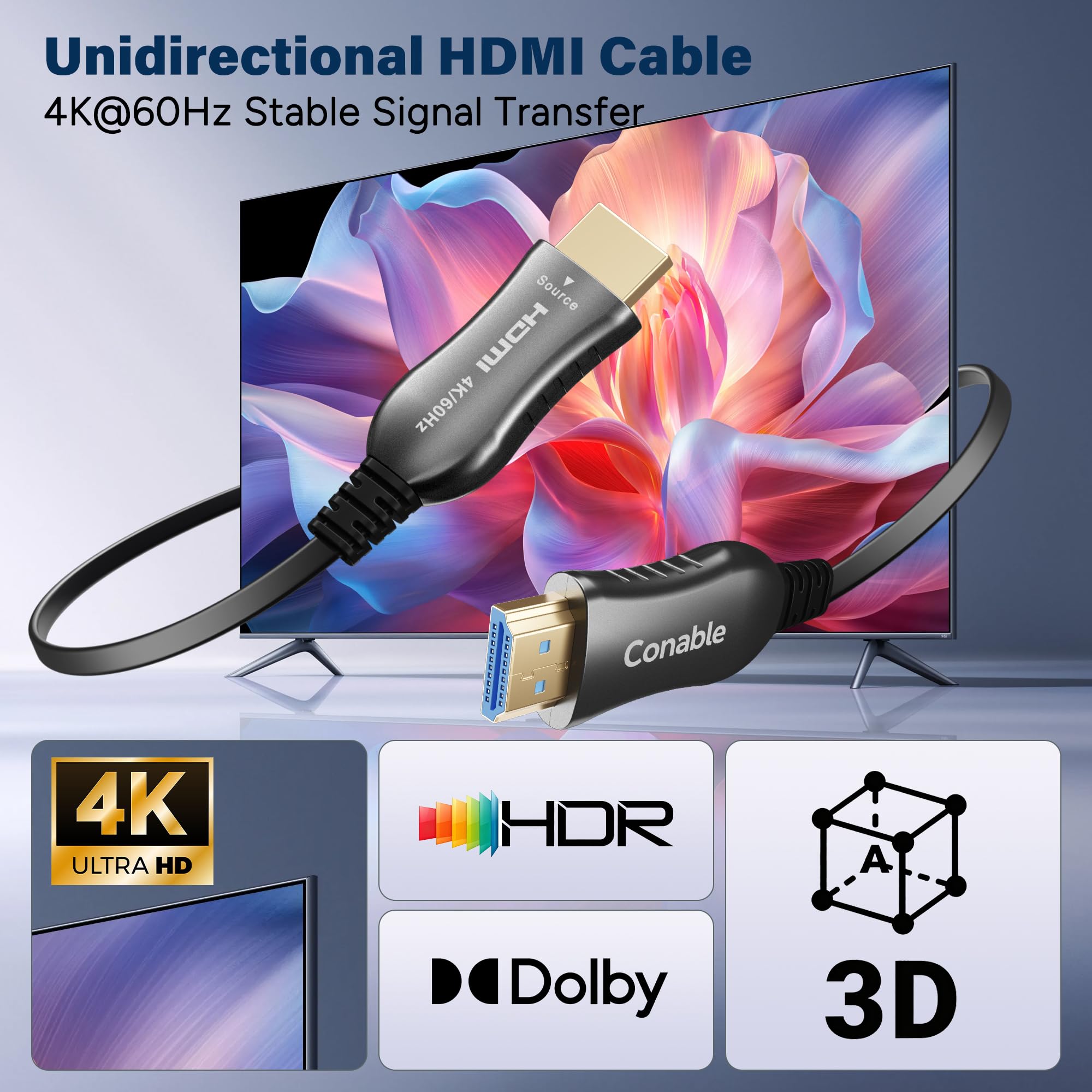 Cavo HDMI 4K 100 FT, cavo HDMI a fibra ottica piatto, unidirezionale, 18 | Ultra HD, supporta 4K a 60Hz, 4:4:4 RGB, HDCP 2.2, 3D ARC, HDR10, Dolby Vision, guscio in lega di zinco, sottile