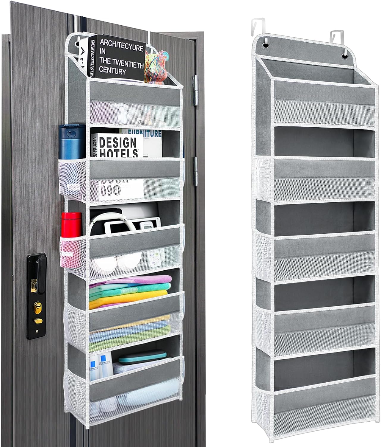 Sturdiness Over The Door Organizer, 5 Shelves & 8 Side Pockets,Anti Tilt Hanging Behind Door Storage, Heavy-Duty Reinforced Mesh Rack Holds 44lb for Bathroom,Pantry, Nursery,Closet, Shoes, Towels