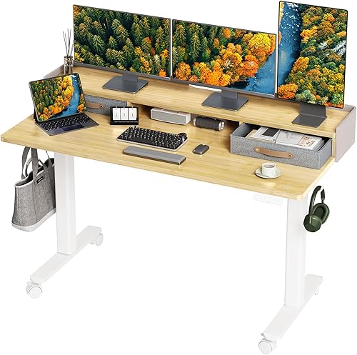INNOVAR Escritorio de pie con cajones, escritorio de bambú de 55 x 24 pulgadas con estante de almacenamiento, escritorio eléctrico para oficina en
