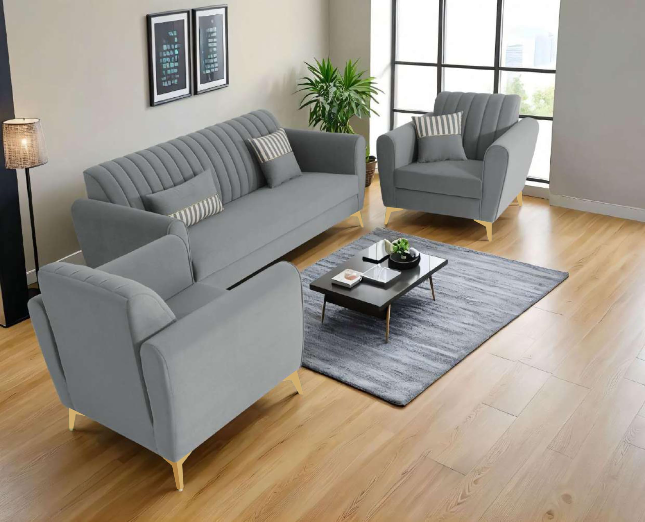 Adorn India Premium Luster 3+1+1 Sofa Set | Velvet Suede Fabric | 3-Year Warranty | Color Grey with Golden Legs & Striped Pattern Cushion