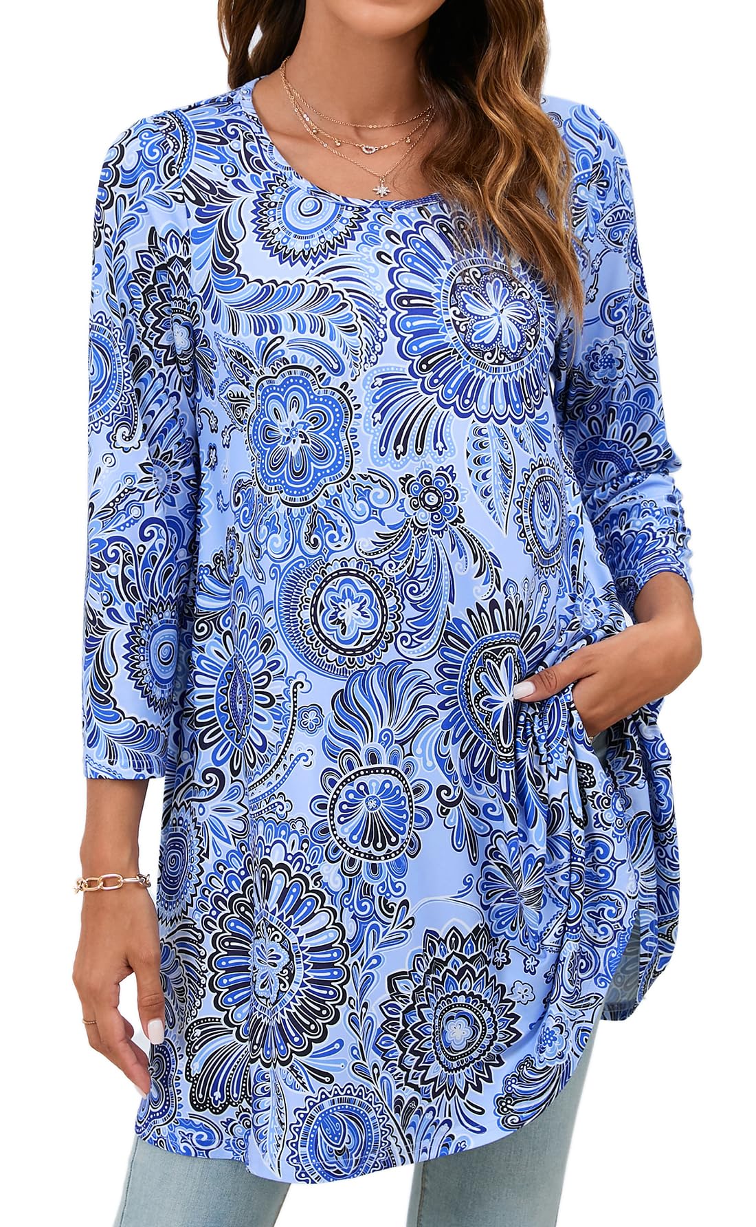 Enmain Tunika Damen Langarm Große Größen 3/4 Arm Longshirt Longbluse Blumen Bluse Shirt Oberteil Tops Elegant Lässig für Leggings Blau 2XL