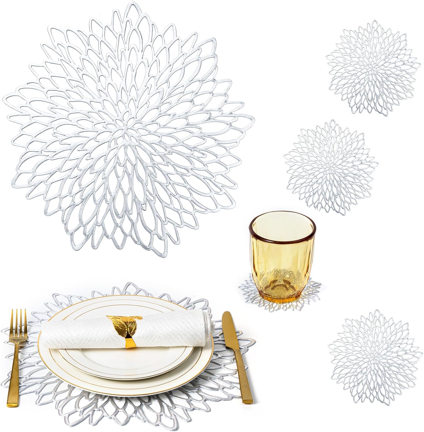 Placemats Set of 8 Charger Plates Place Mats Rose Gold Round Placemats & 8 Pcs Coasters Table Mats Modern Holiday Wipeable Vinyl Placemats Farmhouse Christmas Wedding Dining Table Decor Setting