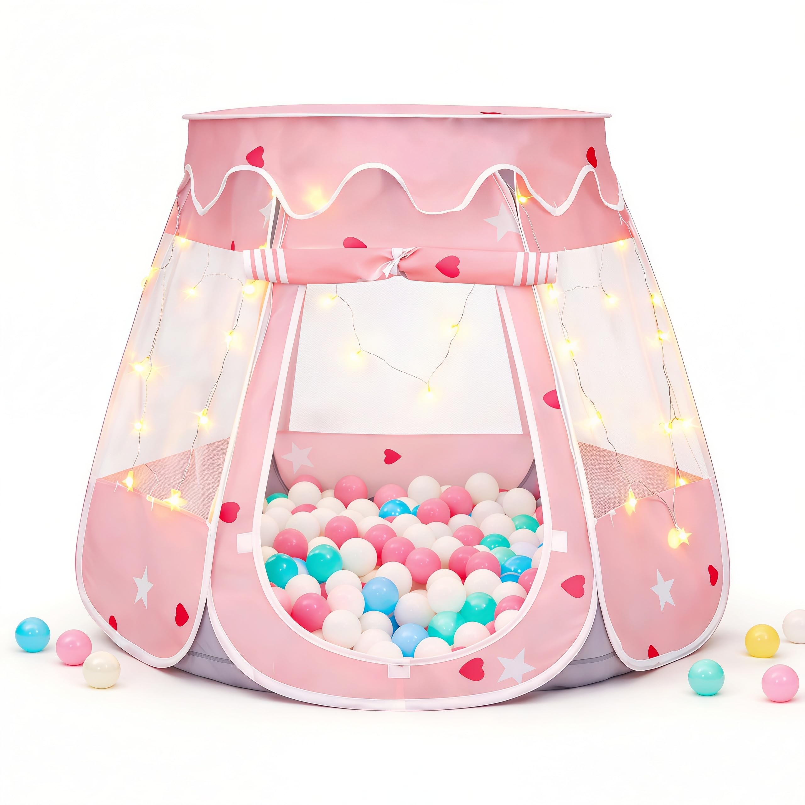 Pop Up Princess Tent with Star Lights for 1 2 3 Year Old Girl Birthday Gifts, Ball Pit for 12-18 Months Baby Girl Toys, Toddler Gifts with Carrying Bag, Indoor&Outdoor Play Tent for Kids (Pink Gray)