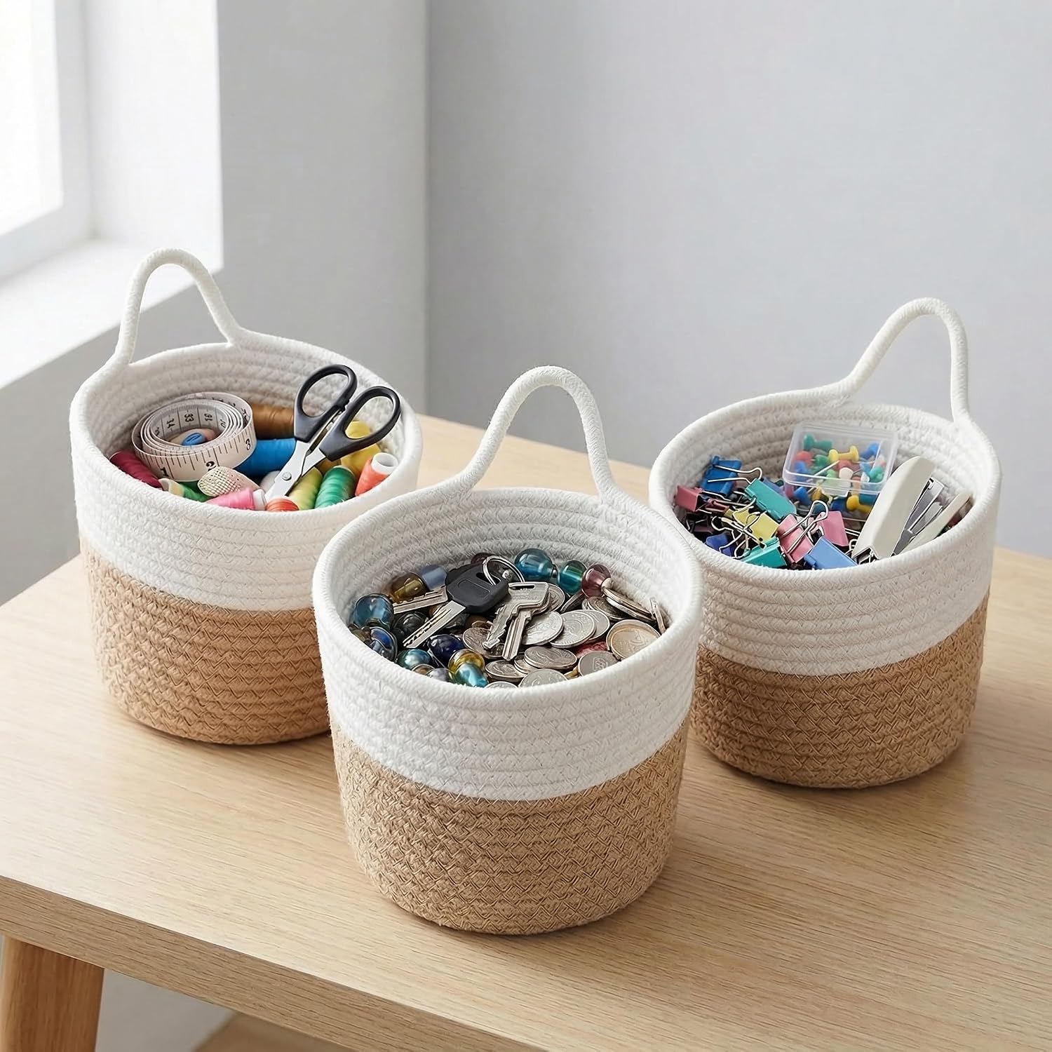 White & Khaki Two-Tone Cotton Rope Hanging Storage Baskets 3 Pack with Adhesive Hooks, 6.3"×6.3" Wall & Desktop All-Room Organizer for Plants, Keys, Office Supplies & Cosmetics