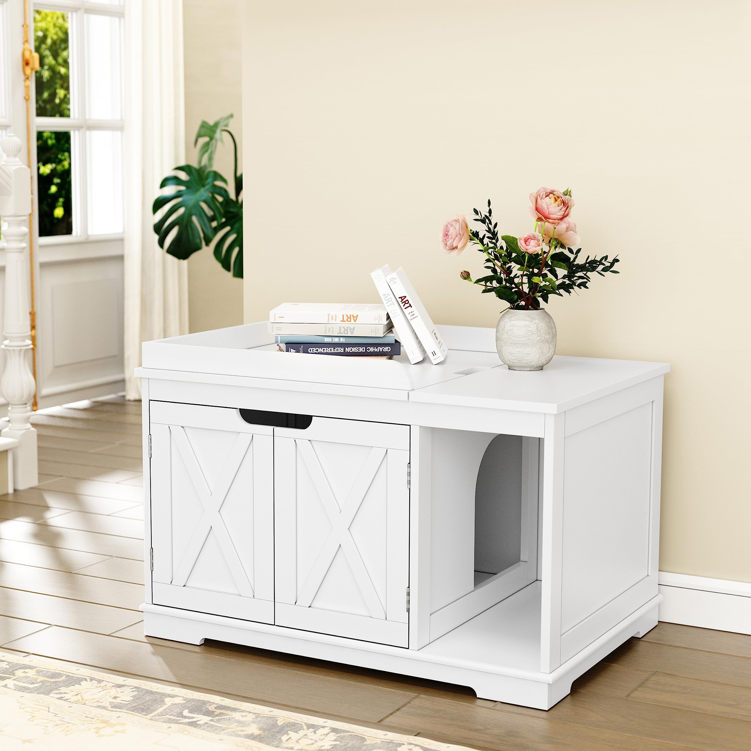 Flip Top Cat Litter Boxes Enclosure Covered Litter Box Hidden Furniture Wooden Cat Washroom Cabinet for Kitty, Medium and Large Cat White