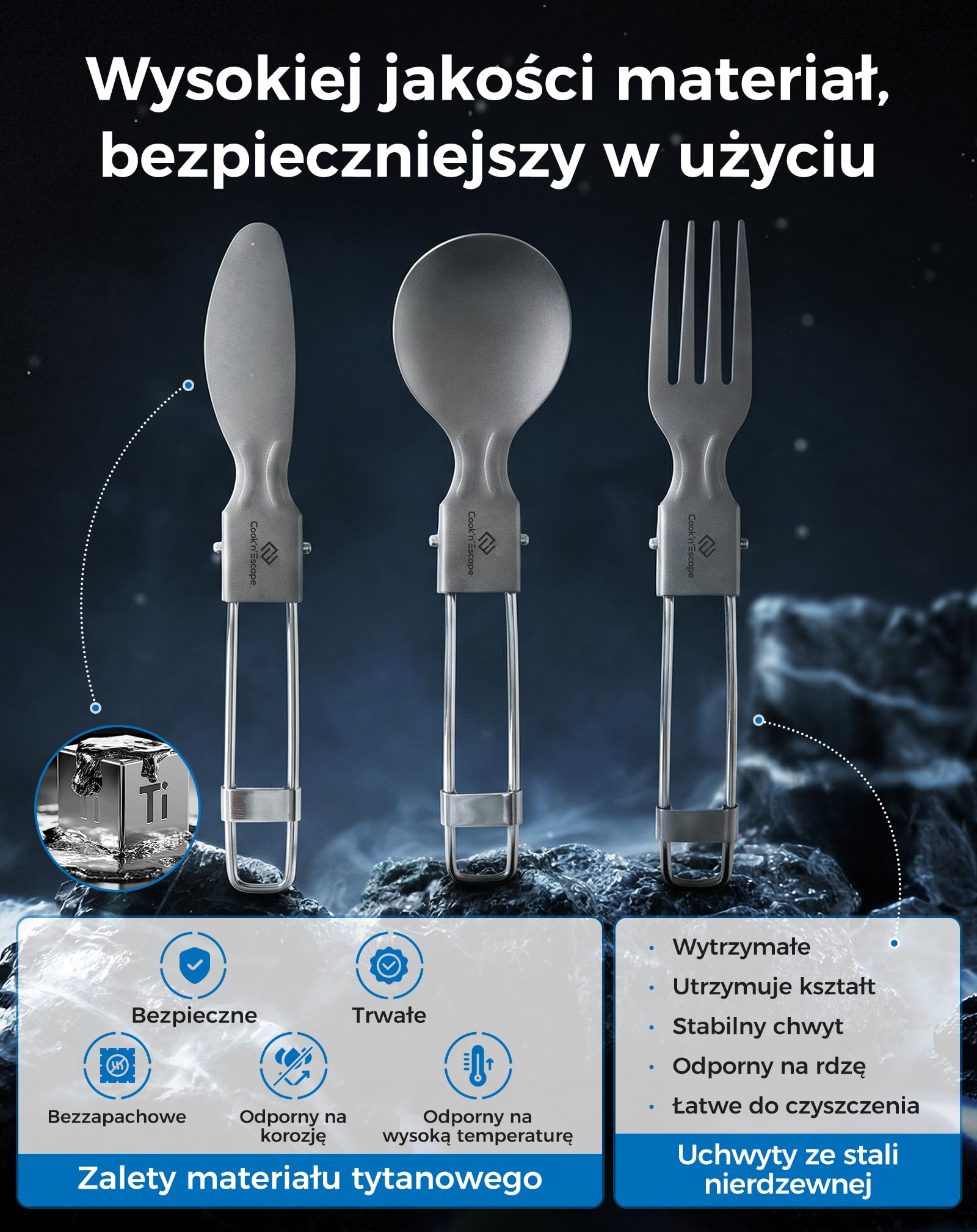 COOK'N'ESCAPE Tytanowe sztućce kempingowe, 3-częściowy zestaw sztućców – składane sztućce z nożem, widelcem, łyżką i torbą do przenoszenia, ultralekkie tytanowe sztućce podróżne do aktywności na