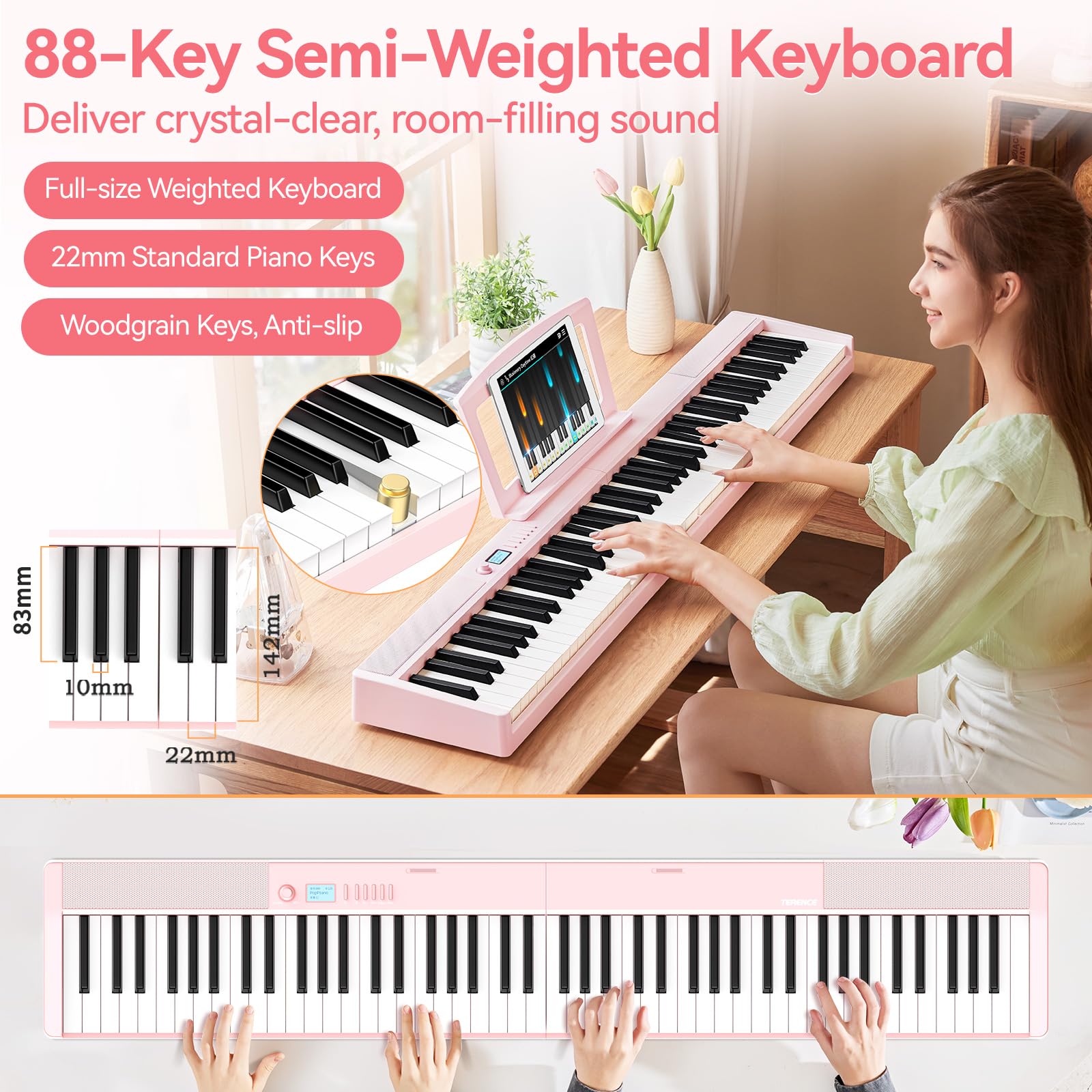 TERENCE Piano digital para adultos, instrumento musical con 88 teclas ponderadas, batería de 1800 mAh, 2 altavoces de 25 W, piano plegable, portátil, compatible con Bluetooth e interfaces MIDI,Rosa