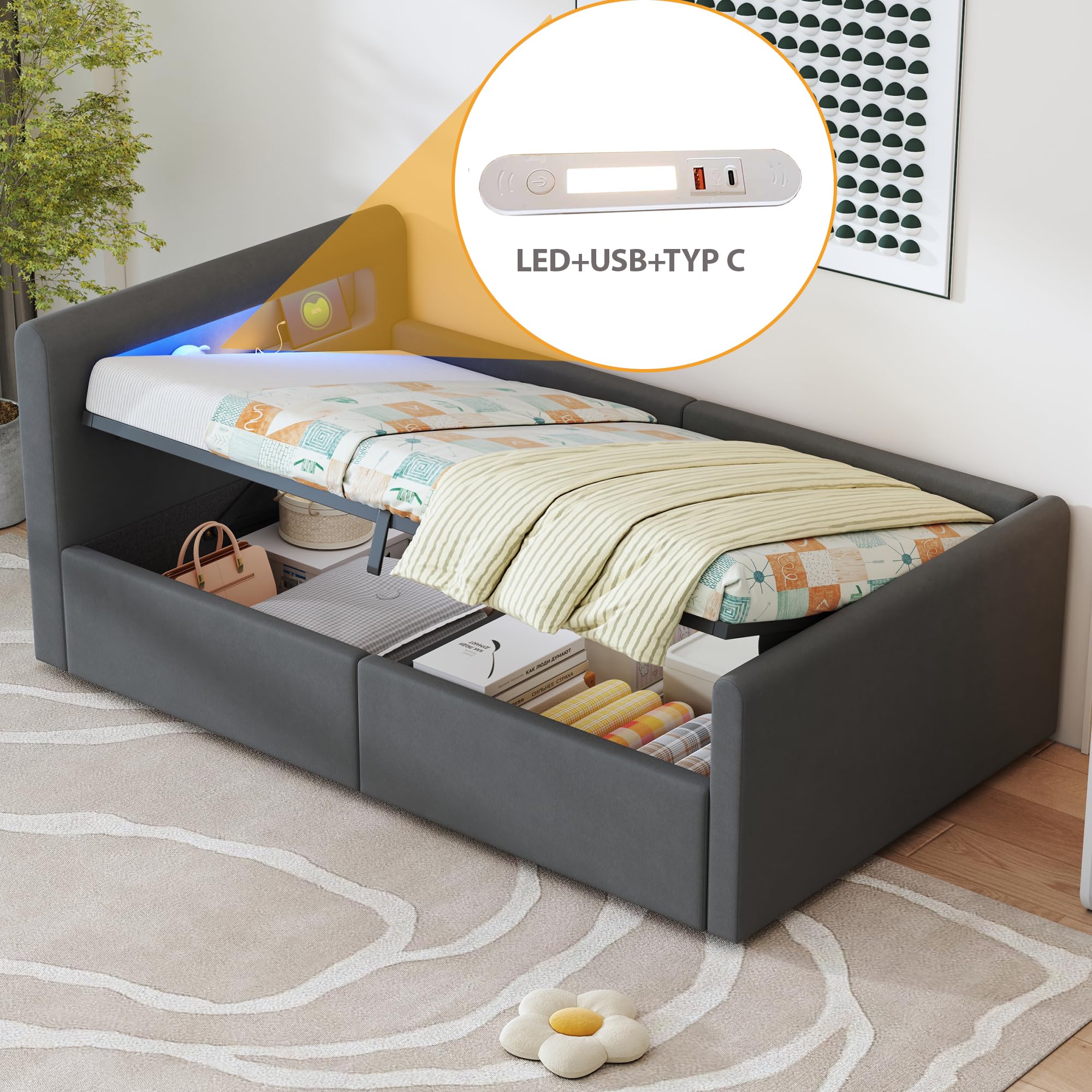 okwish Kinderbett 90x200 Polsterbett mit LED, USB & Bettkasten, Dunkelgrau | Bett 90x200 mit Bettgestell & Lattenrost, aus Samt, ohne Matratze, für Einzelbett, Jugendbett & Stauraumbett