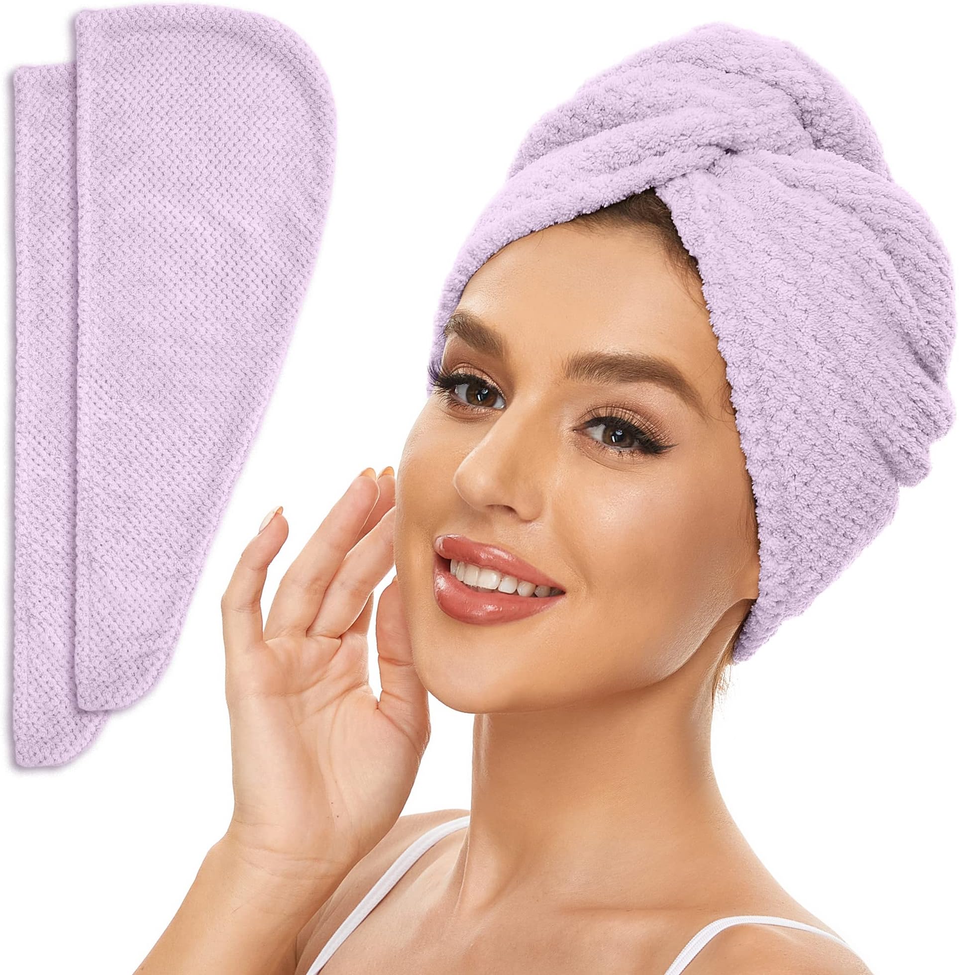 2 Pack Microfiber Hair Towel Wrap for Women, Anti Frizz Quick Drying Hair Turban for All Hair Style, Absorbent and Lightweight (Light Purple)