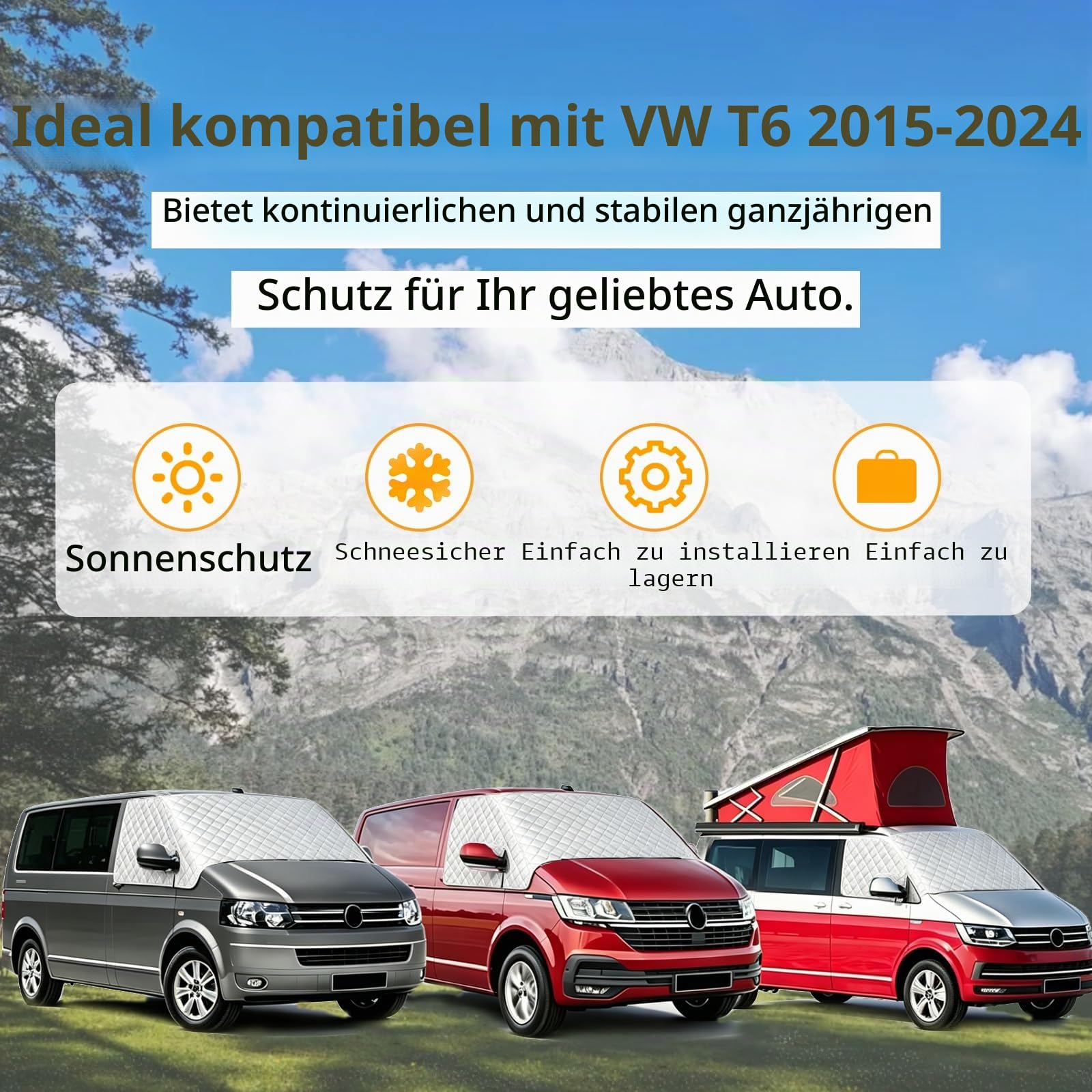 Sonnenschutz Auto Frontscheibe außen passend für VW T6, Windschutzscheibe Abdeckung Sommer, Sonnenblende Faltbar mit Aufbewahrungstasche, Thermomatten Fahrerhaus für Transporter Wohnmobil