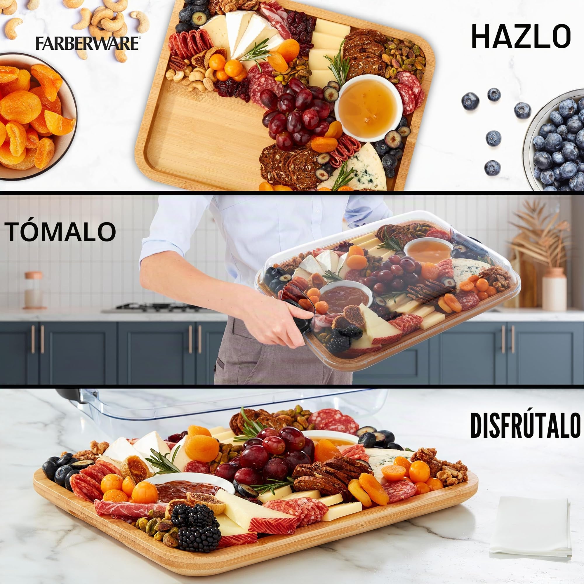 FARBERWARE Build-A-Board - Tabla de cortar de bambú con tapa de bloqueo transparente y asas negras, perfecta para embutidos, aperitivos y más - Hazlo. Llévala. Disfrútala, 11 x 14 pulgadas,