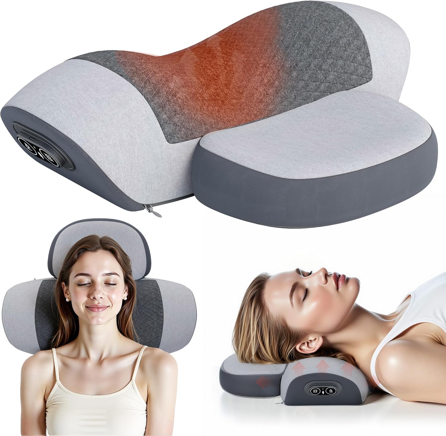 JINXIA Pillow Massage Neck Hump –Fisiorest 3-in-1 Neck Massager Pillow with Heat, Deep Tissue Relief & Neck Traction, Cervical Support & Hump Corrector for Women and Men, Memory Foam Support(Grey) Gray