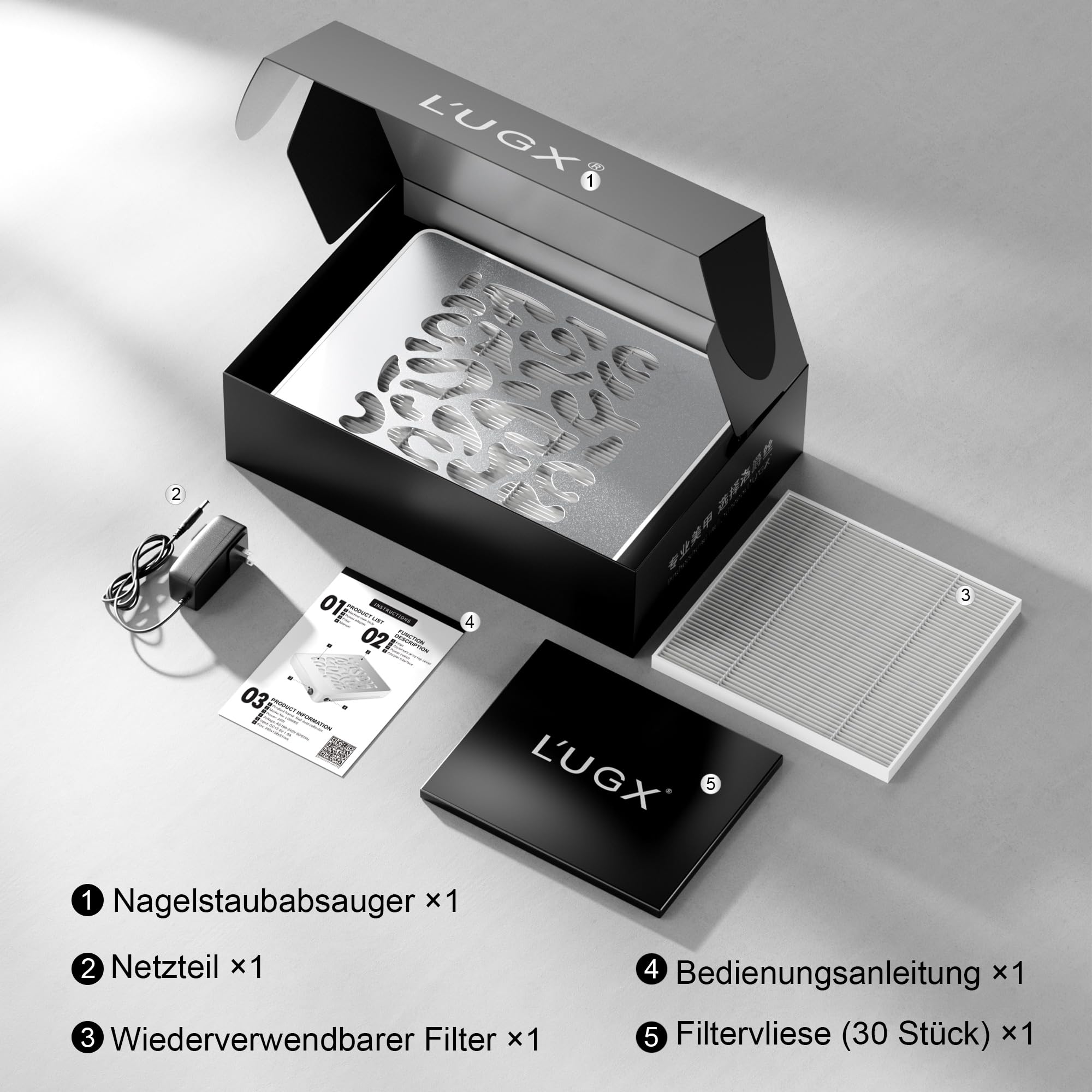 L’UGX Professionelle Staubabsaugung für Nägel, 650Pa Profi Absaugung, 4500 U/min Bürstenloser Motor, Leise, Für Maniküre & Pediküre, inkl. 30 Filterpapier - 608S