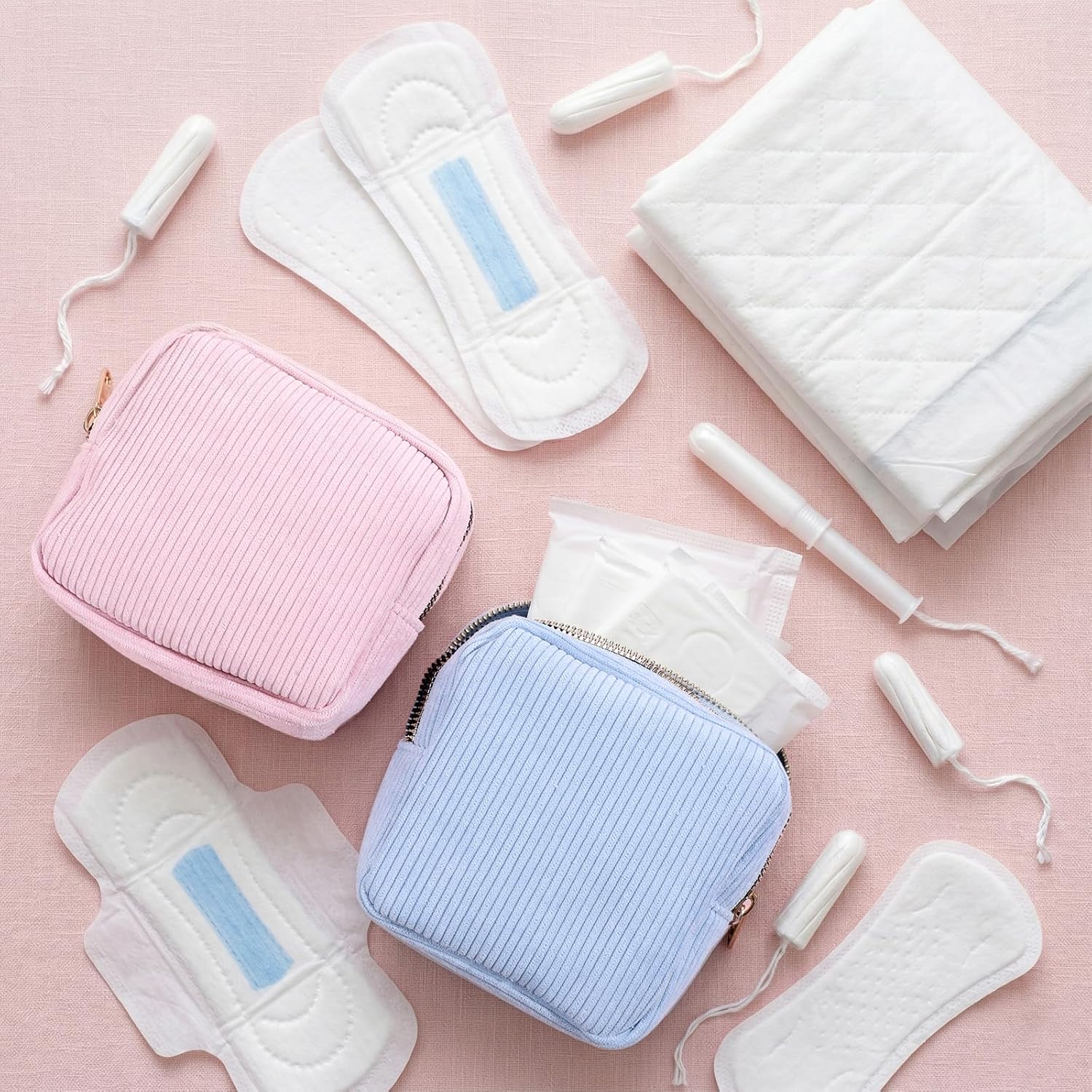 ElevateTech Period Bag for Women, 2 Pcs Corduroy Tampon Holder for Purse Portable Sanitary Napkin Storage Bag Travel Menstrual Pad Pouches Period Pad Pouch Feminine Products Organizer, Pink & Blue