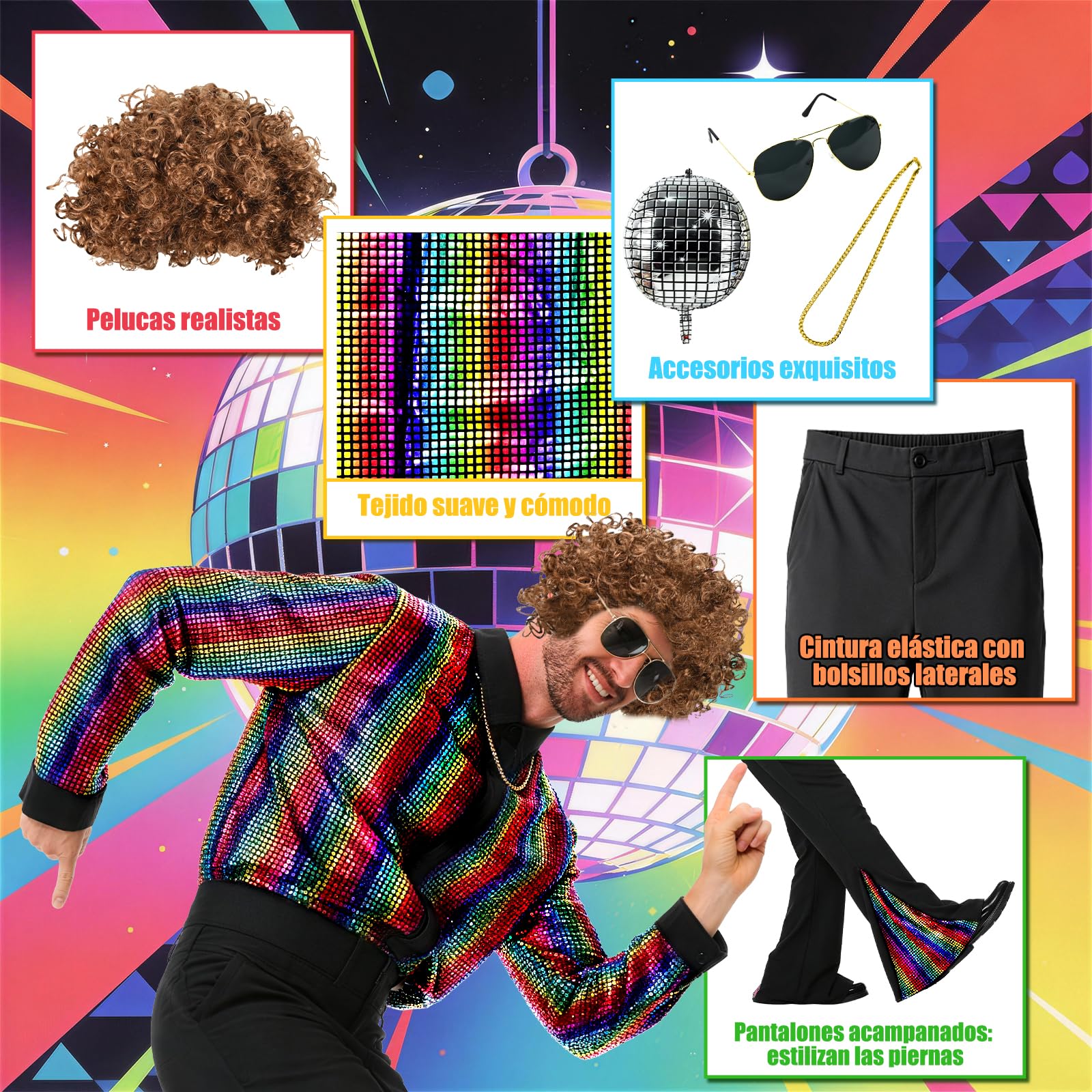 PATEMZON Disfraz de Discoteca para Hombre, 70s Disco Adulto Costumes Disfraz Hippie, Camisa Retro Pantalones de Campana Peluca Gafas de Collar Bigote para Carnaval y Fiesta Temática