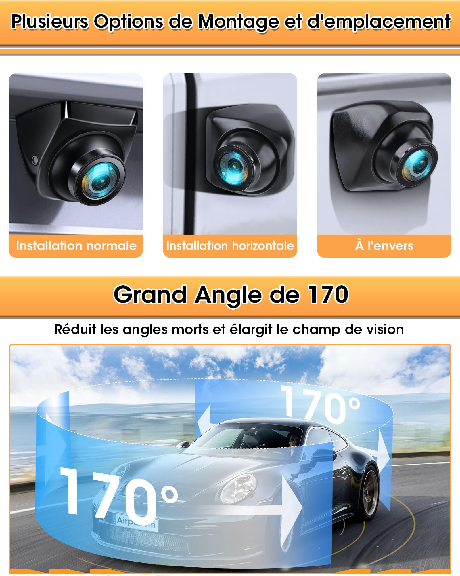 4 Modes de Signal Caméra de Recul 360°+45°Retournable Supporte Caméra de Recul Voiture AHD 1080P/720P/NTSC/PAL Modèles Caméras de Recul pour Voiture Camping-Car Super Vision IP69K Étanchéité 12V-24V