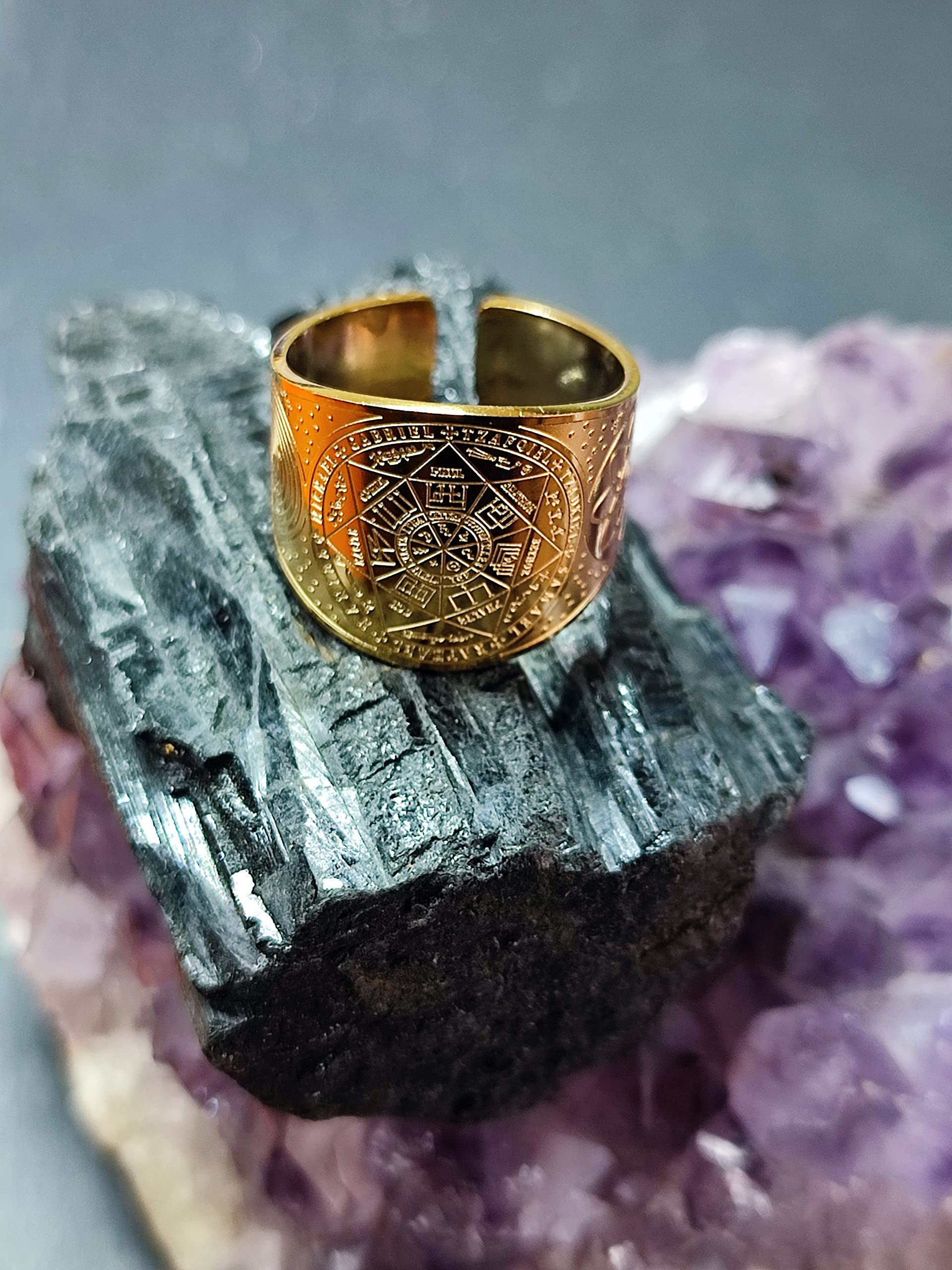 Simboliks Sello Siete Arcángeles Anillo Ajustable de Acero inoxidable Sigilo Amuleto Protección de arcángeles Sello de Salomón 7 ángeles Buena suerte Talismán Anillo abierto Anillo Religioso