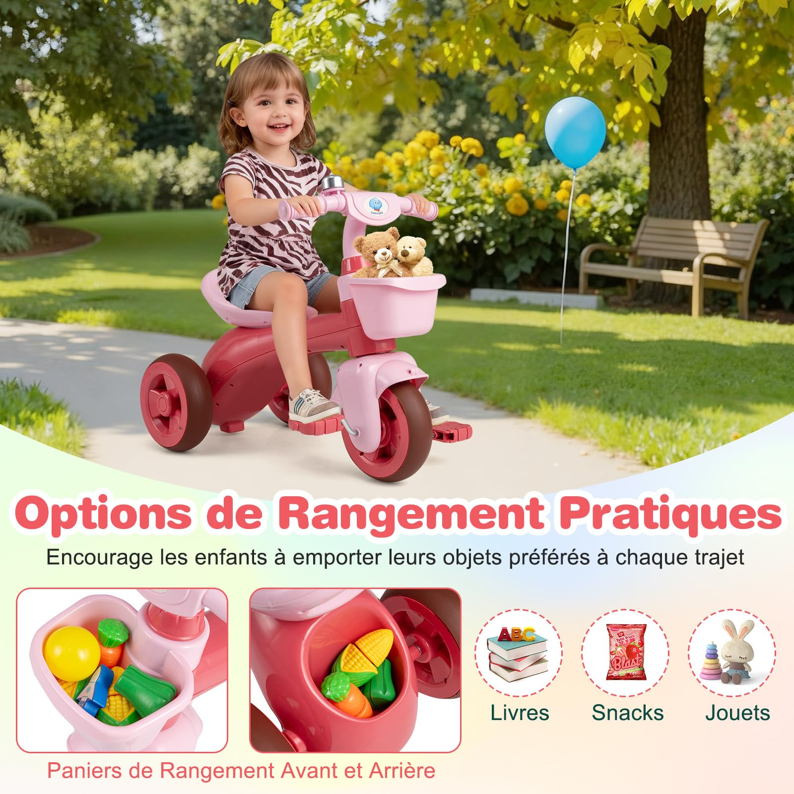 COSTWAY Tricycle Bébé Évolutif avec Sonnette et Guidon et Pédale, Vélo Enfant à 3 Roues en TPE avec 2 Paniers de Rangement, Draisienne pour Garçons Filles de 3-5 Ans, Charge 25kg (Rose)