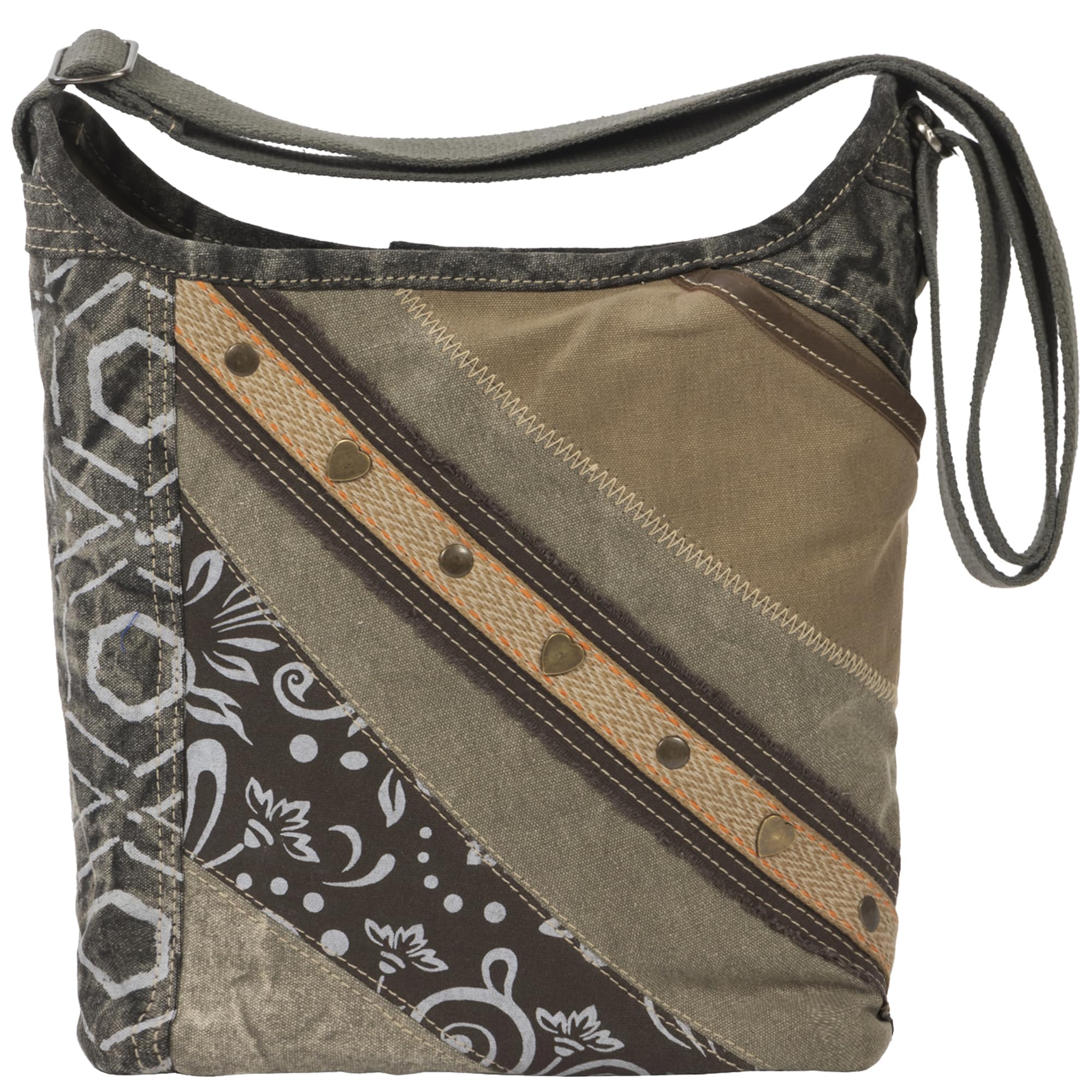 Sunsa Damen Hobo Tasche. Patchwork Umhängetasche aus Canvas & Leder Khaki