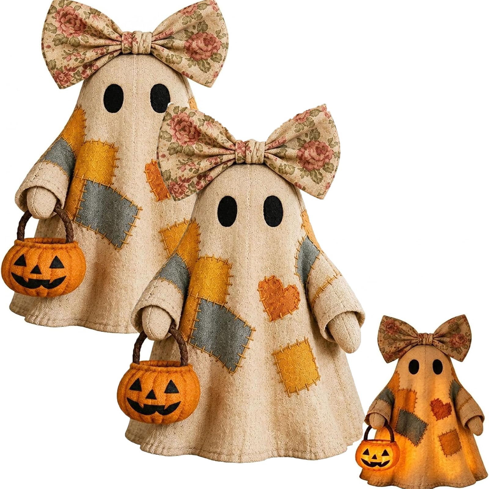Lighted Vintage Patchwork Ghost, Light Up Ghost with Pumpkin Lantern Halloween Decor, Light Up Ghosts Lamp, LED Rustic Fall Figurine Decoration, Spooky Cute for Mantel Shelf Porch (2pcs)