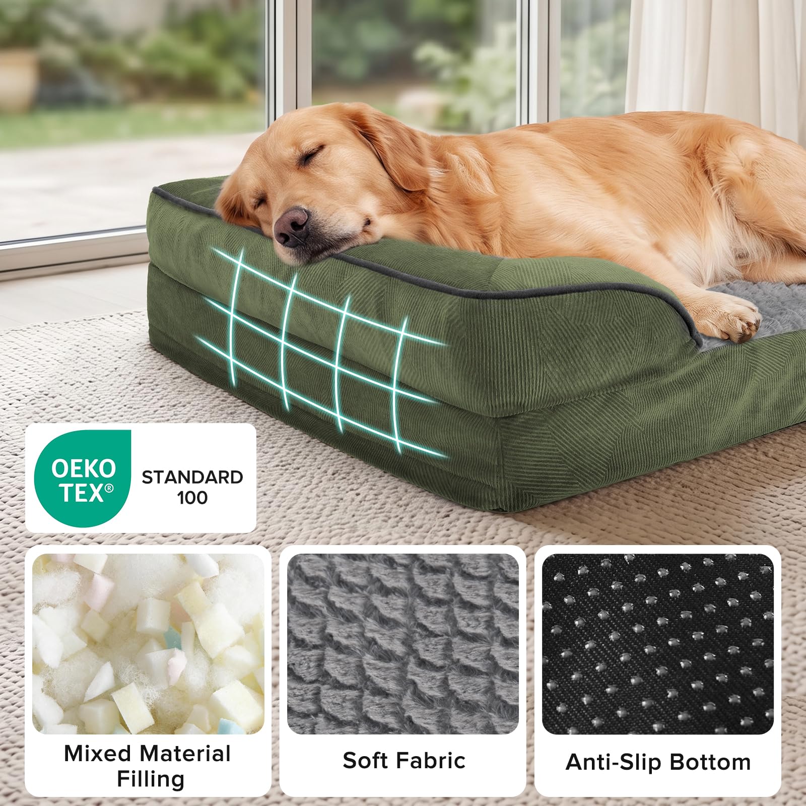 INVENHO Sofá ortopédico para perros medianos, de espuma, con funda extraíble lavable, forro impermeable y parte inferior antideslizante